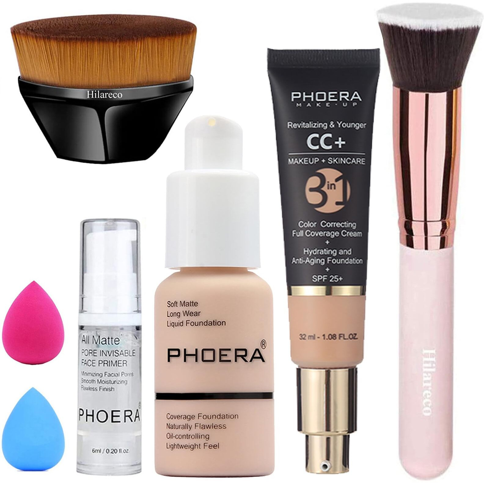 Phoera Foundation,Phoera Cc Cream Foundation Color Correcting Anti Aging Hydrating Serum &Spf 25+,Phoera Primer, Phoera Makeup Foundation, Makeup Brushes (101 Porcelain+120 Nude Cc Cream)