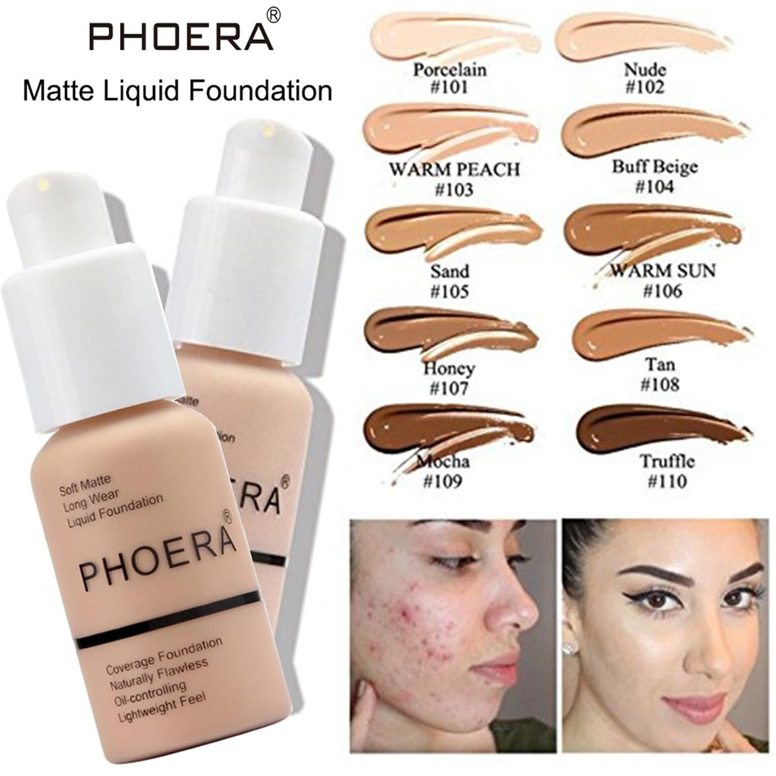 Phoera Foundation,Phoera Cc Cream Foundation Color Correcting Anti Aging Hydrating Serum &Spf 25+,Phoera Primer, Phoera Makeup Foundation, Makeup Brushes (101 Porcelain+120 Nude Cc Cream)