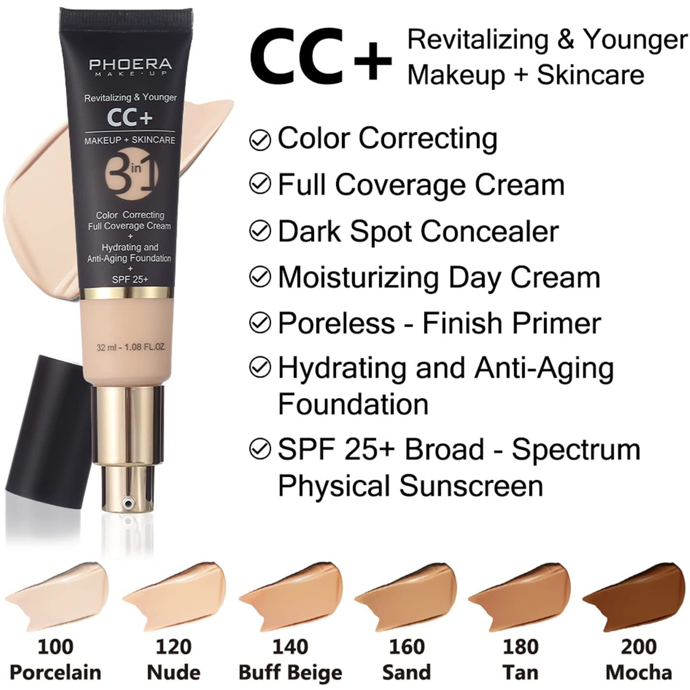 Phoera Foundation,Phoera Cc Cream Foundation Color Correcting Anti Aging Hydrating Serum &Spf 25+,Phoera Primer, Phoera Makeup Foundation, Makeup Brushes (101 Porcelain+120 Nude Cc Cream)