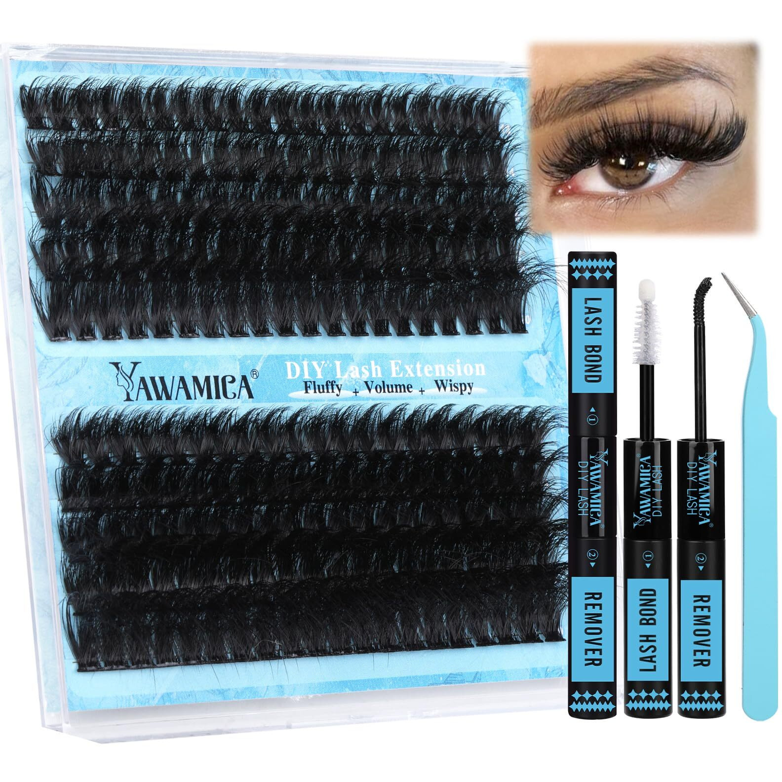 Yawamica Lash Extension Kit Fluffy 150D+200D Lash Clusters Eyelash Extension Kit 12-20Mm Individual Lashes With Lash Bond, Lash Remover, Lash Applicator For Diy Lashes Extension(150D+200D-12-20Mm Kit)