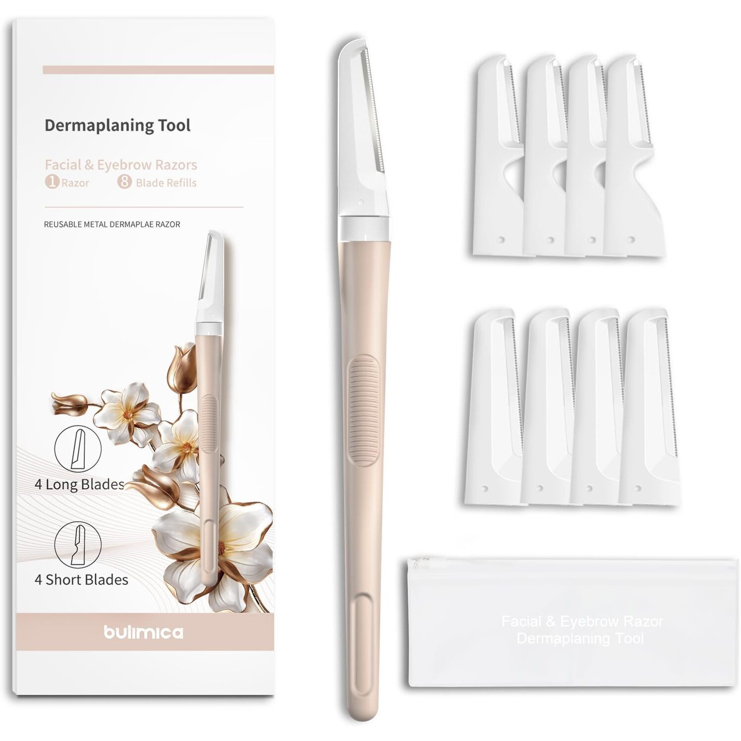 Bulimica Dermaplane Razor For Women Face, Reusable Dermaplaning Tool, Face Razors For Women, Eyebrow Razor, Facial Hair Removal For Women, Facial Razor, 8 Blade Refills With Blade Cover, Beige
