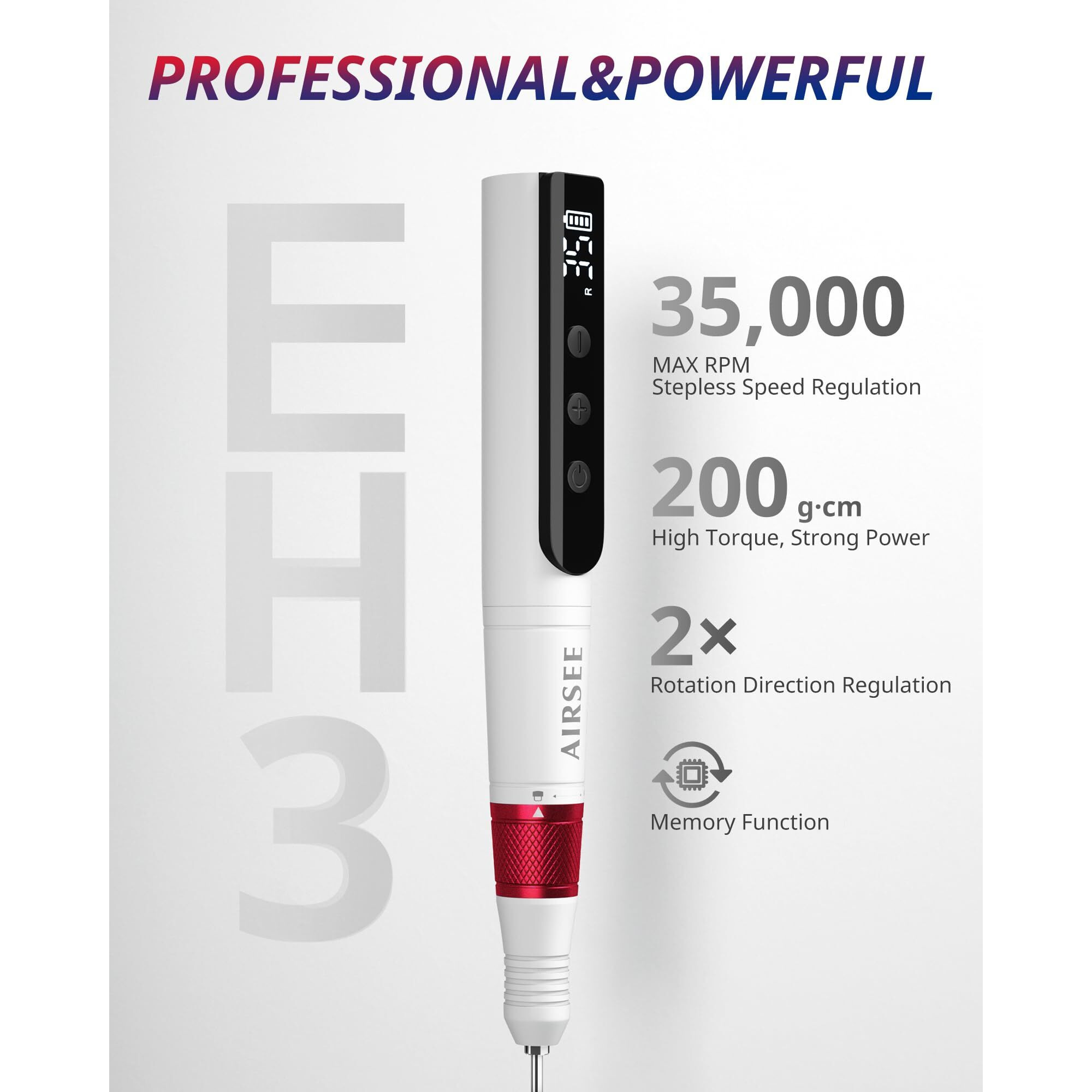 Airsee Eh3 Professional Cordless Electric Nail Drill Machine, 35000 Rpm Stepless Speed, Rechargeable Nail File Set With Led Display, Portable E-File Dremel Kit For Manicure Pedicure Acrylic Polishing