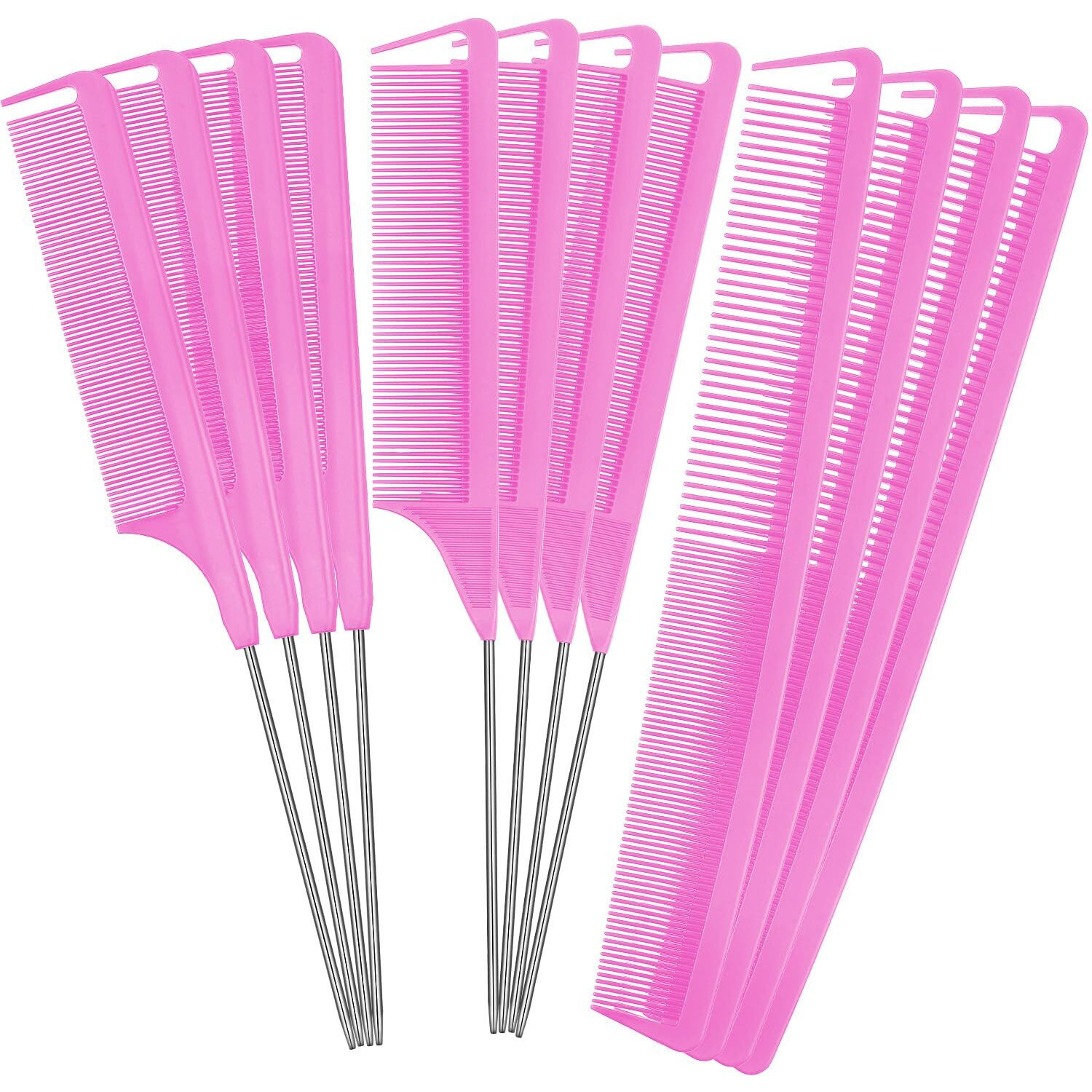 Patelai 12 Pieces Parting Comb For Braids Rat Tail Comb Steel Pintail Comb Fine Teeth Comb Heat Resistant Teasing Combs With Stainless Steel Pintail (Pink)
