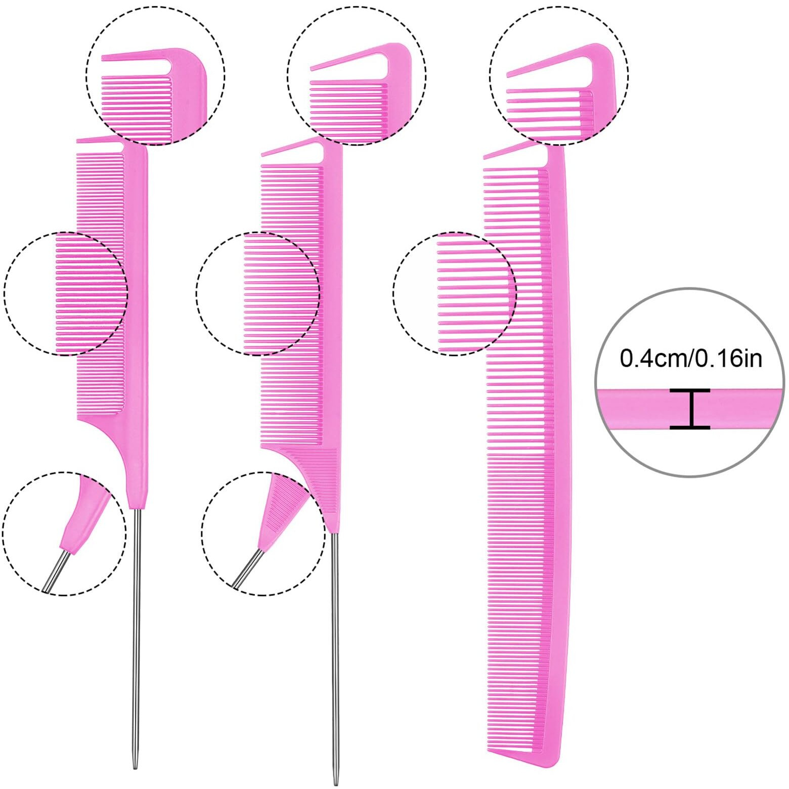 Patelai 12 Pieces Parting Comb For Braids Rat Tail Comb Steel Pintail Comb Fine Teeth Comb Heat Resistant Teasing Combs With Stainless Steel Pintail (Pink)