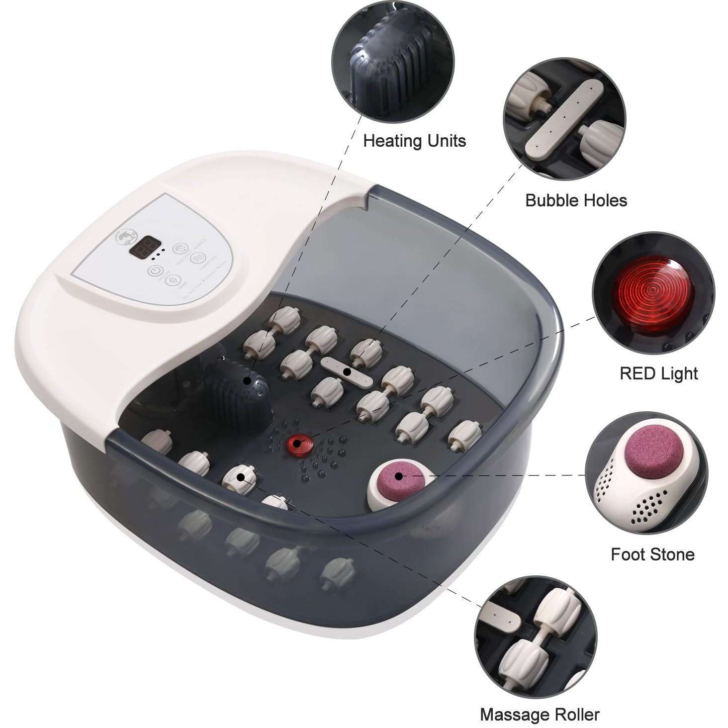 Foot Spa Bath Massager With Heat, Vibration, Temperature Control, Jets, Bubbles, Epsom Salt And Red Light, Foot Soaker With 22 Shiatsu Massage Rollers, Foot Bath Massager For Relaxation, Large, Grey