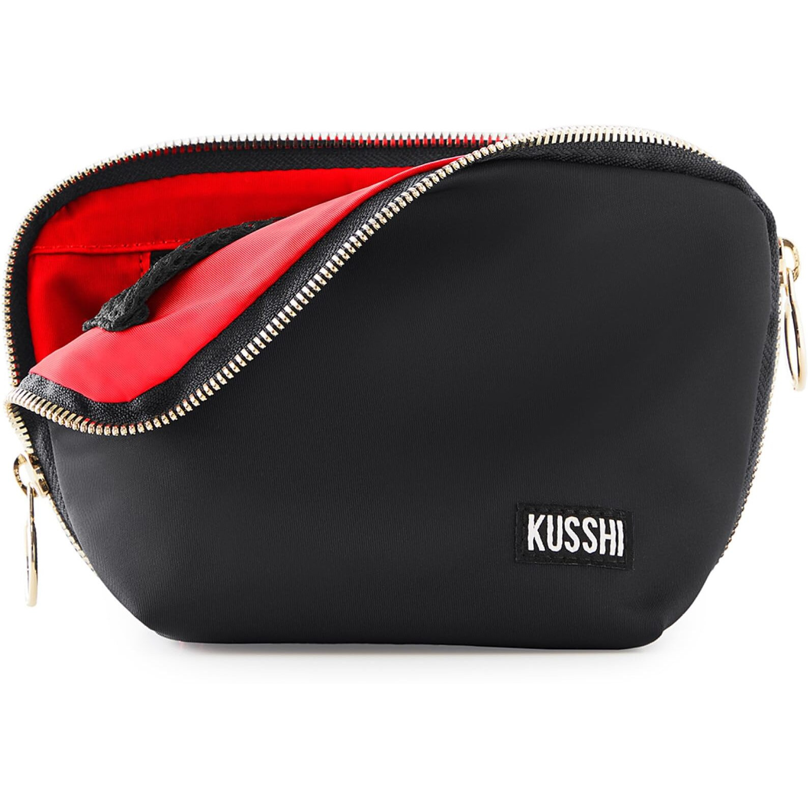 Kusshi Washable Travel Makeup Bag For Purse (Everyday, Satin Black/Red)