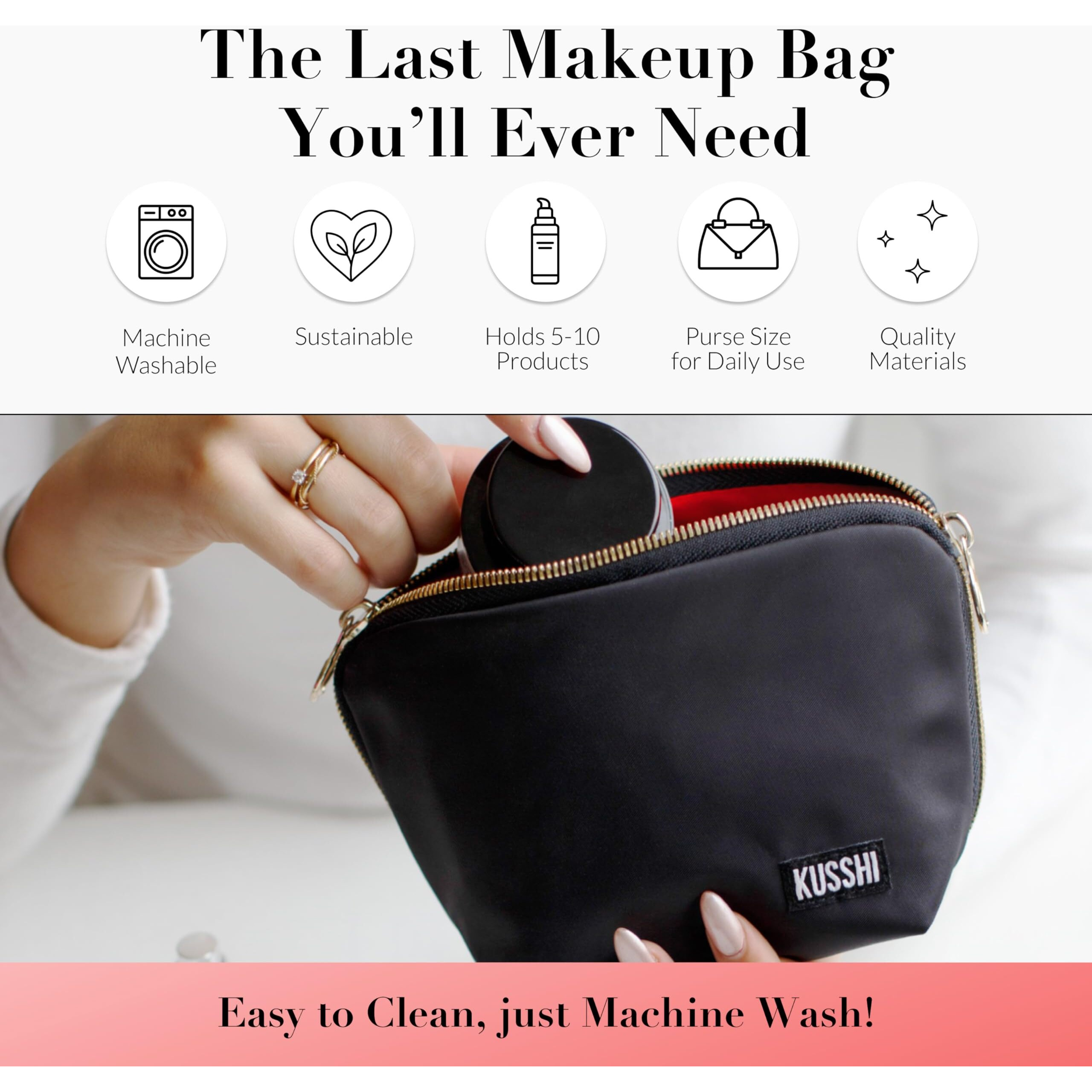 Kusshi Washable Travel Makeup Bag For Purse (Everyday, Satin Black/Red)