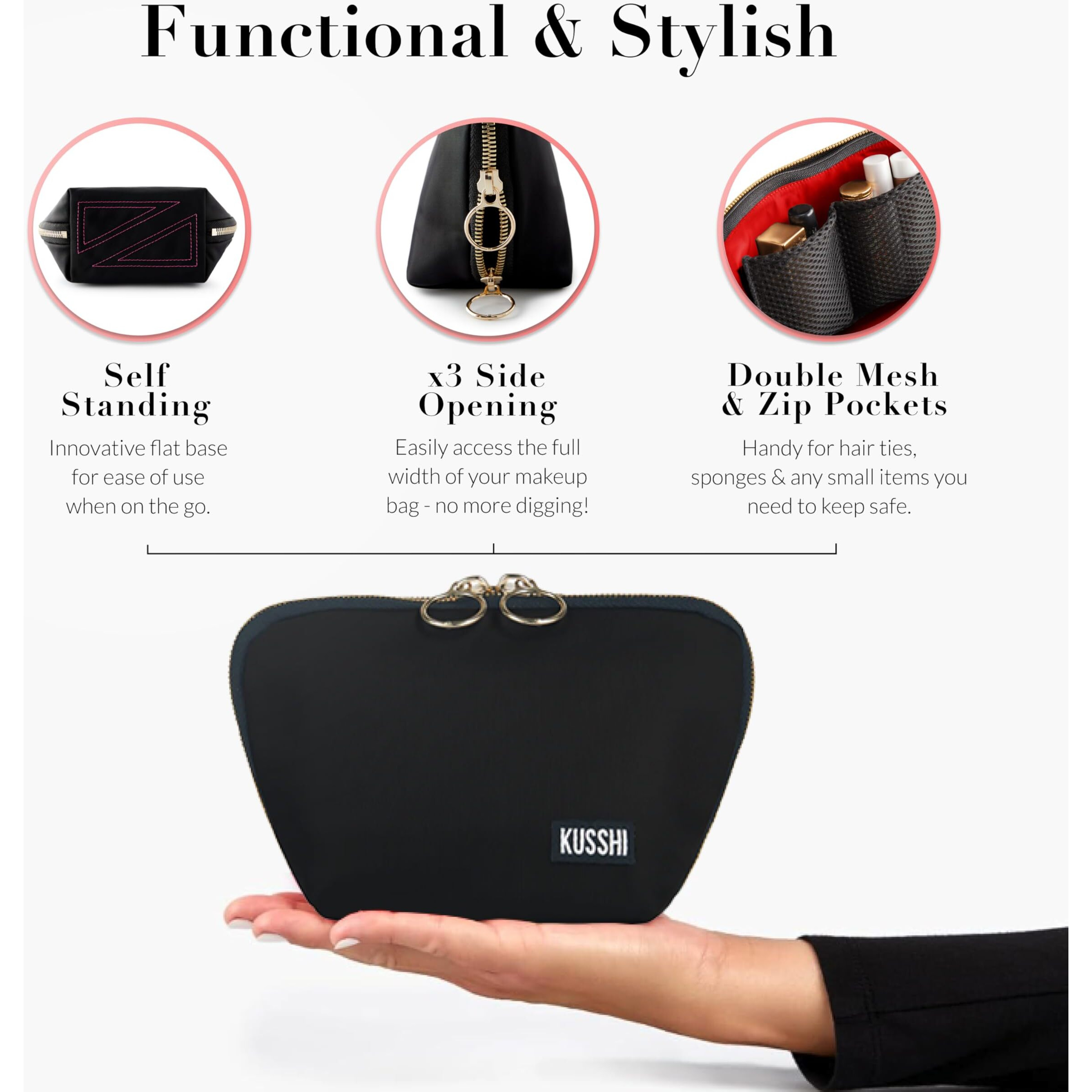 Kusshi Washable Travel Makeup Bag For Purse (Everyday, Satin Black/Red)