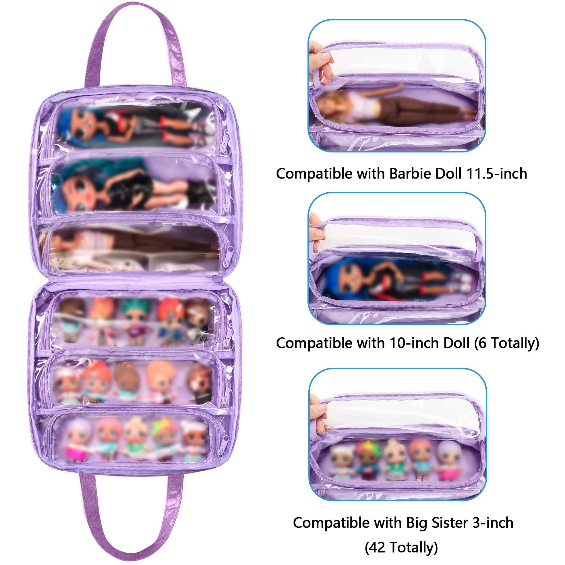 Lodrid Doll Tote Carrying Case Compatible With Lol Surprise Dolls All, Hanging Organizer Storage Bag With 6 Clear Window Pockets For Girls, Bag Only, Purple,(Patent Design)