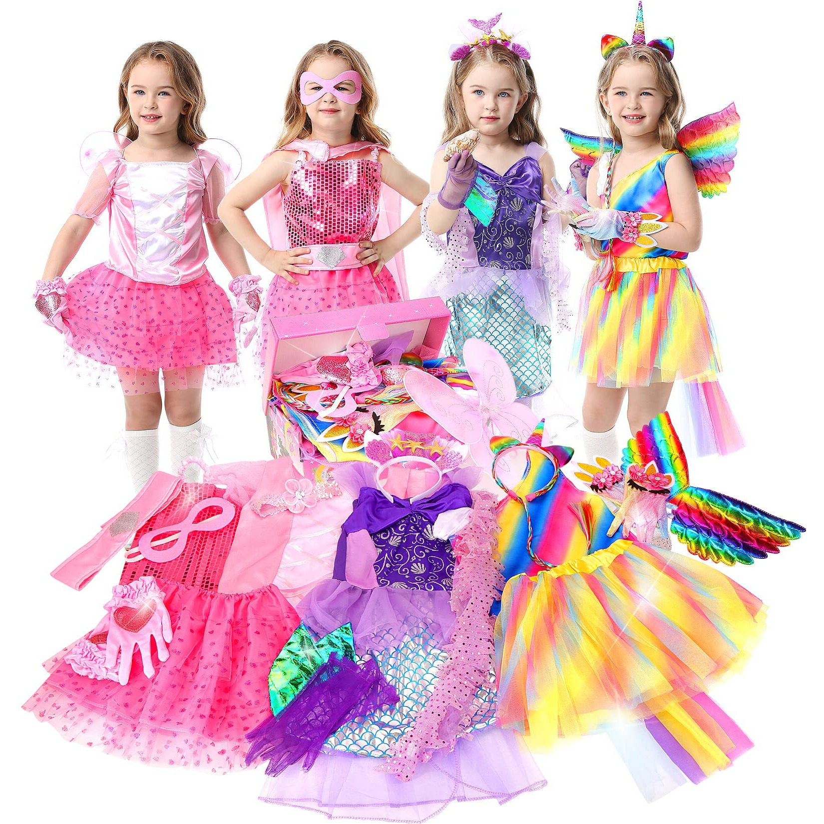 Hapitch Girls Dress Up Clothes For Play,Princess Dress Up Clothes For Little Girls,Toddler Dress Up Trunk,Princess Dresses Gift Set For Girls Age 3-6 Years