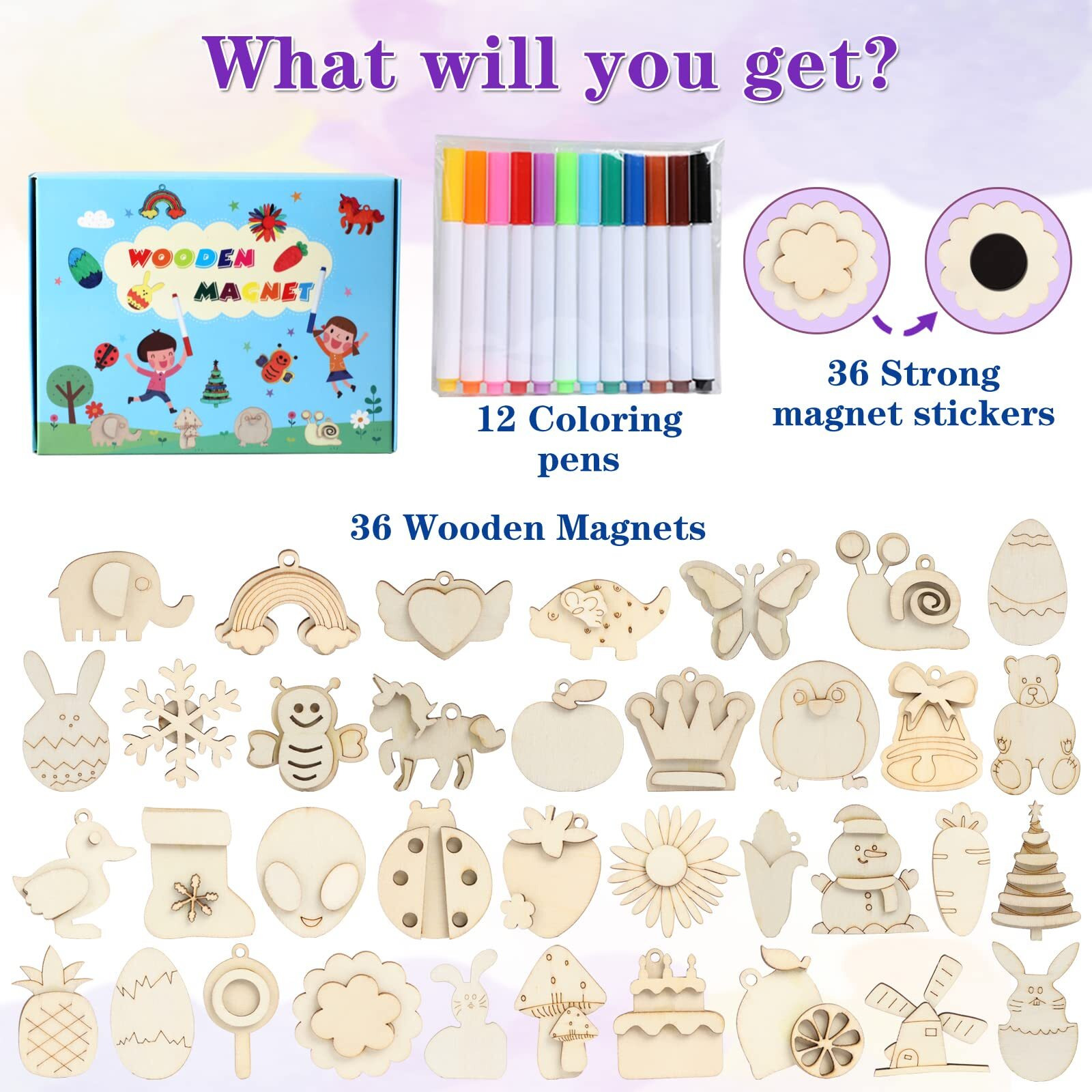 Worgree Diy Wooden Magnets, 36 Pcs Wooden Art Craft Supplies Painting Kit For Kids Party Favors For Boys Girls Ages 4-8 8-12 Birthday Easter Crafts Gifts Toys Basket Goodie Bag Stuffers