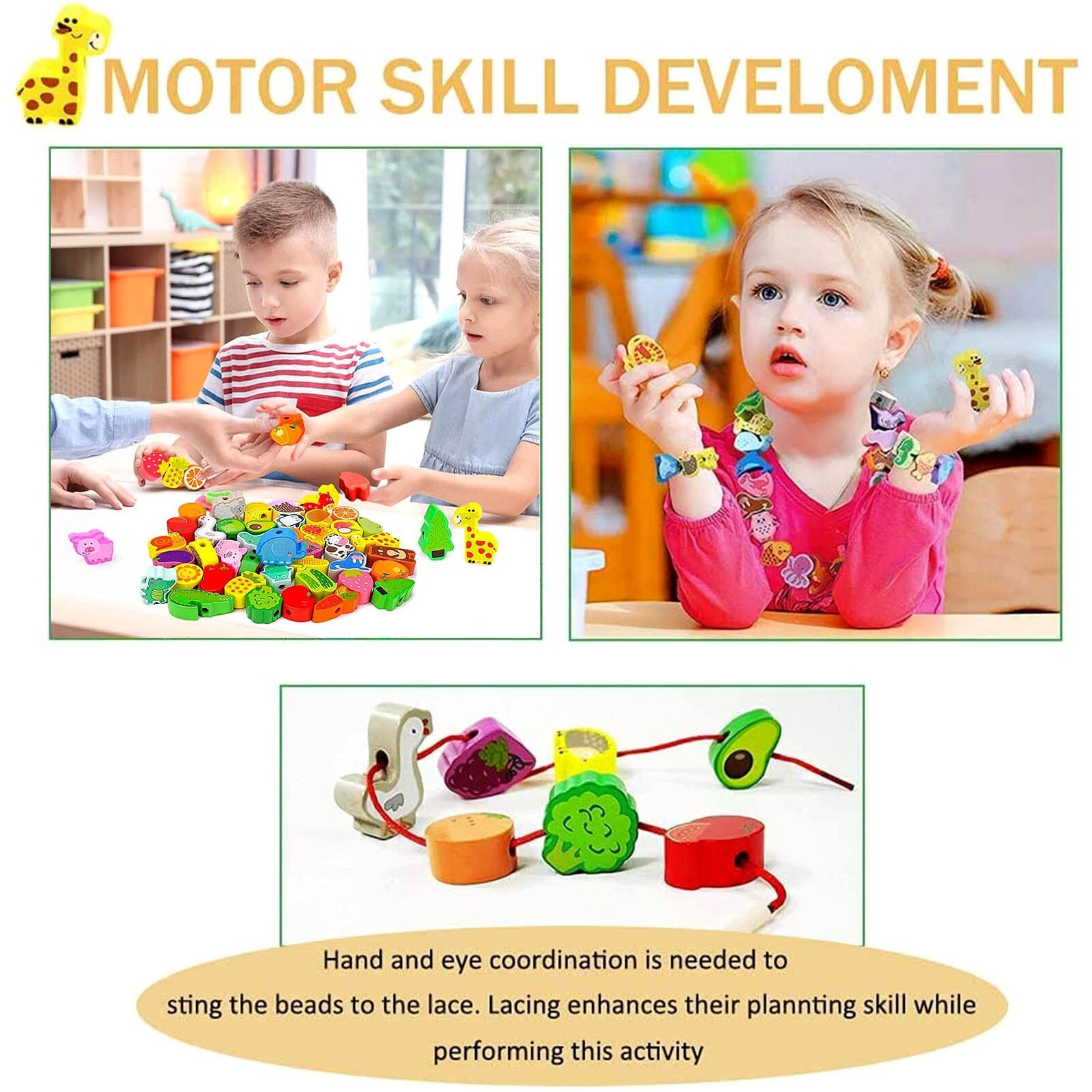 Intsinzi 46 Pcs Montessori Wooden Lacing Beads Toys For Toddlers,Educational Stringing Animals Fruits Farm Threading Beads Preschool Learning Toys For Kids 3 4 5 6 Year Old Boys Girls