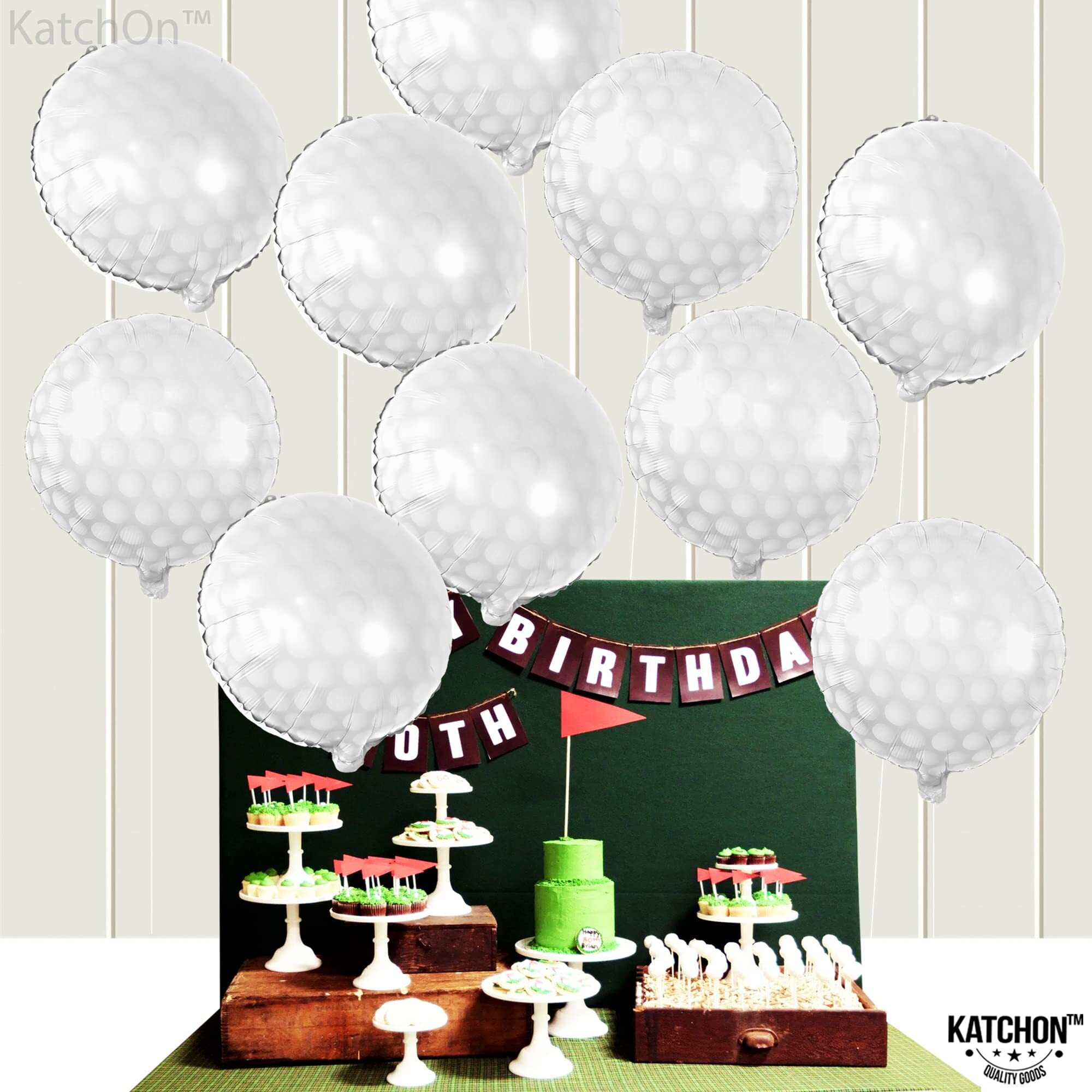 Katchon, 10 Pcs Golf Balloons For Birthday Party - 18 Inch | Foil Golf Ball Balloons For Golf Party Decorations, Hole In One Birthday Decorations | Golf Party Supplies, Golf Birthday Party Decorations