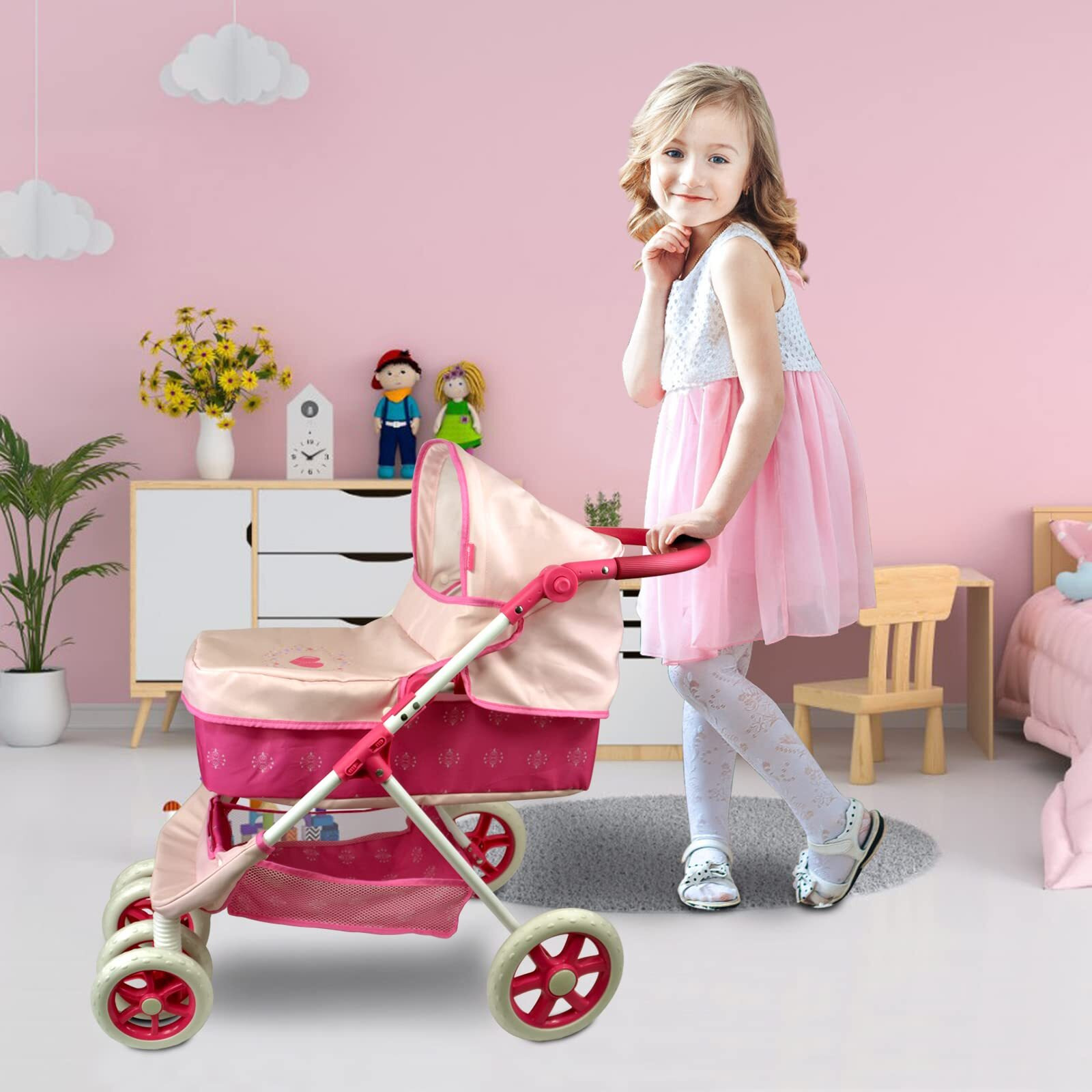 Anivia Baby Doll Stroller For 18 Inches American Dolls, Foldable Doll Pram Convertible Seat/Bed/Crib, Baby Doll Bassinet With Forward & Backward Handl