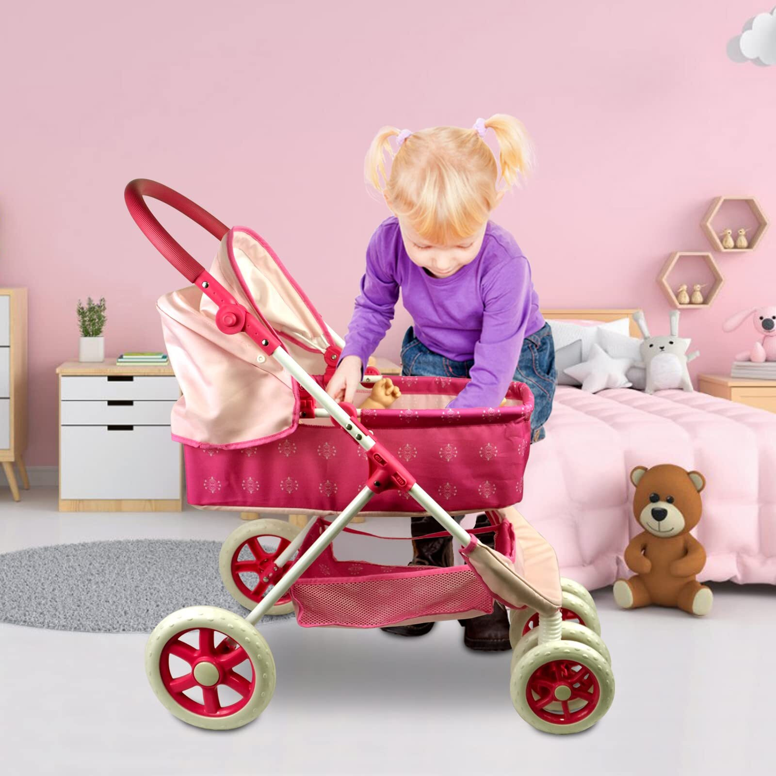 Anivia Baby Doll Stroller For 18 Inches American Dolls, Foldable Doll Pram Convertible Seat/Bed/Crib, Baby Doll Bassinet With Forward & Backward Handl