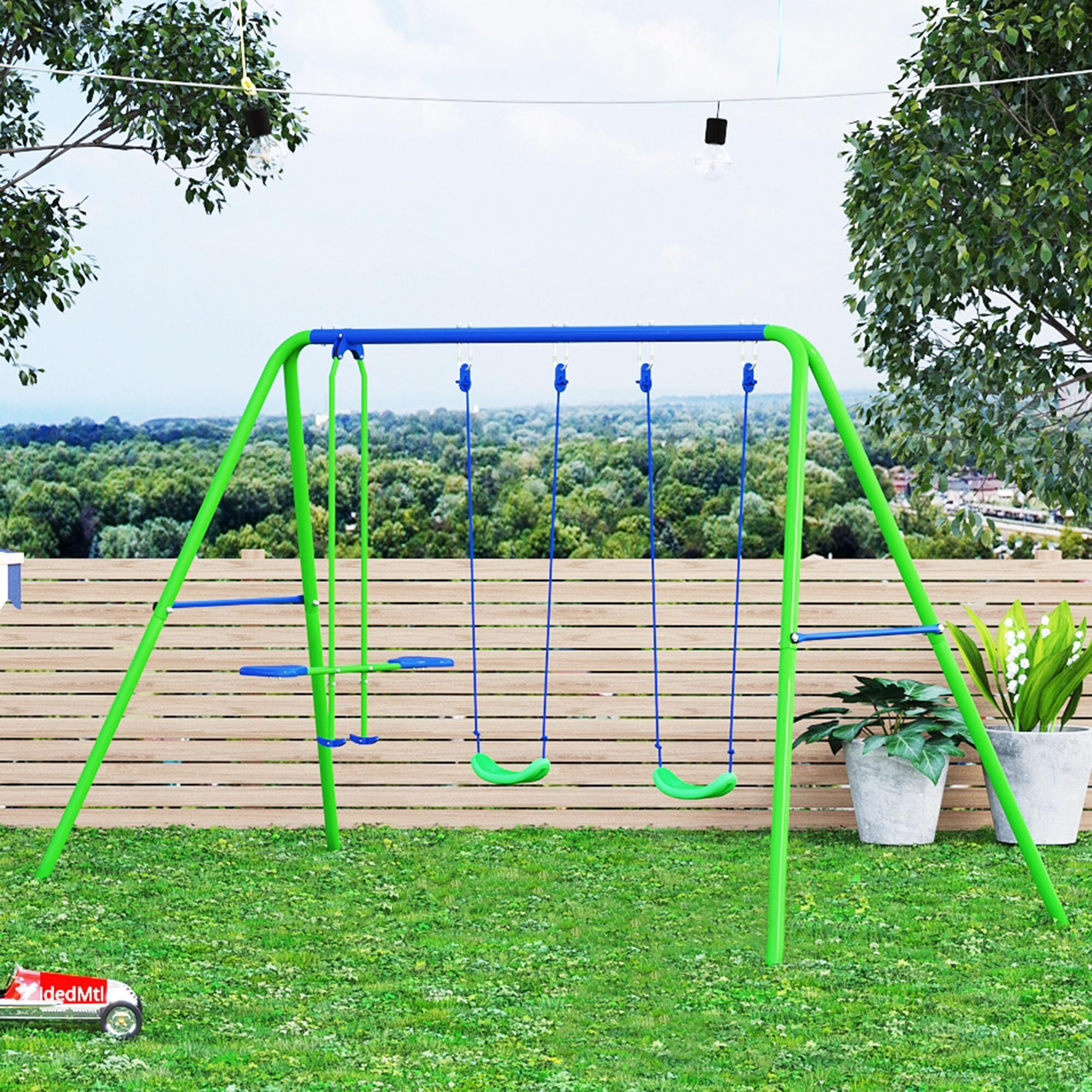 Outsunny Metal Swing Set With Glider, Two Swing Seats And Adjustable Height, Outdoor Heavy Duty A-Frame Suitable For Playground, Backyard, Green