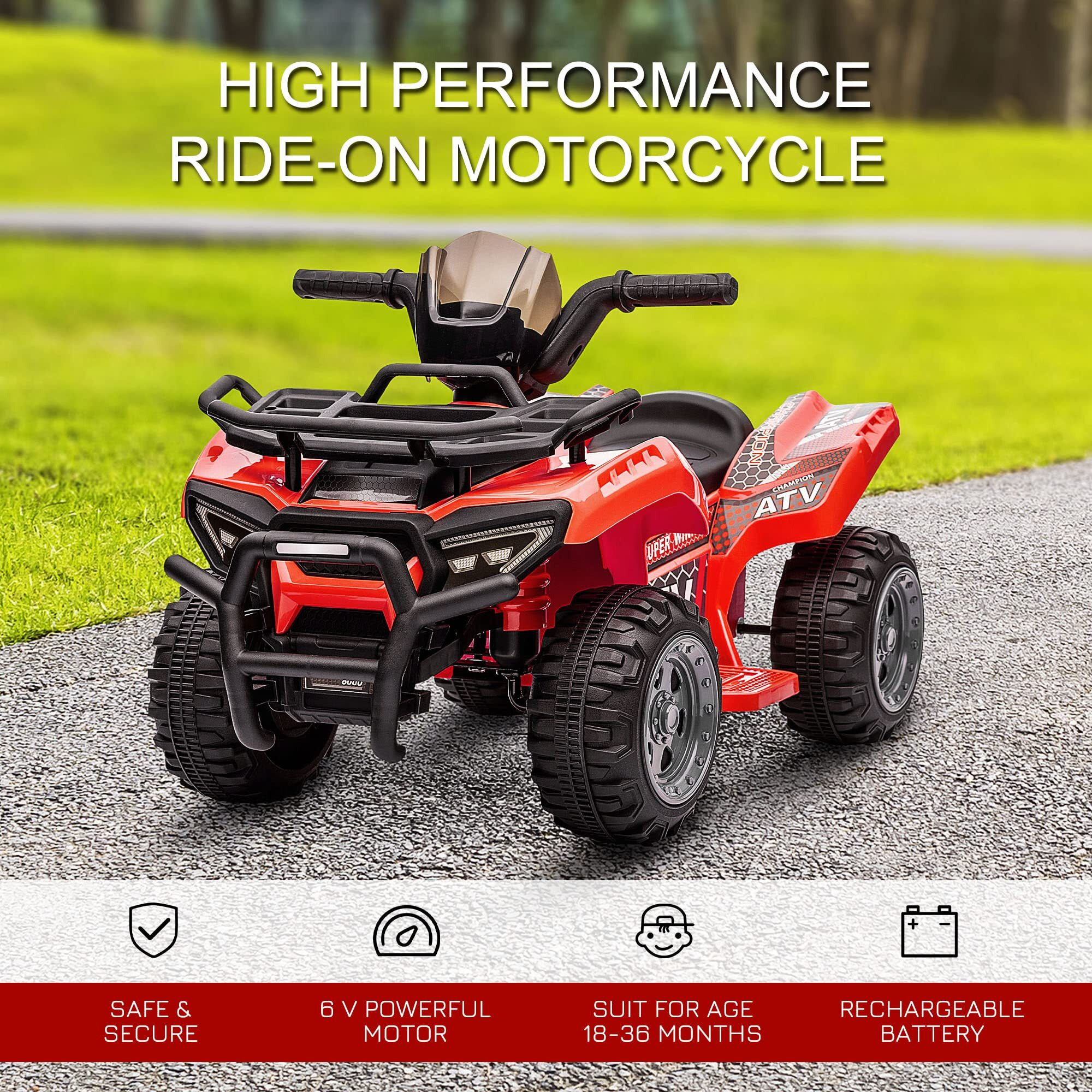 Aosom Kids Atv Four Wheeler Ride On Car, Motorized Quad, 6V Battery Powered Electric Quad With Songs For 18-36 Months, Red