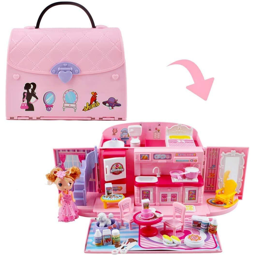 Deao Doll Houses Portable Backpack For Girls With Doll Toy House With Light And Music Baby Dollhouse Furniture For 3 To 8 Years Olds Toddler Kids