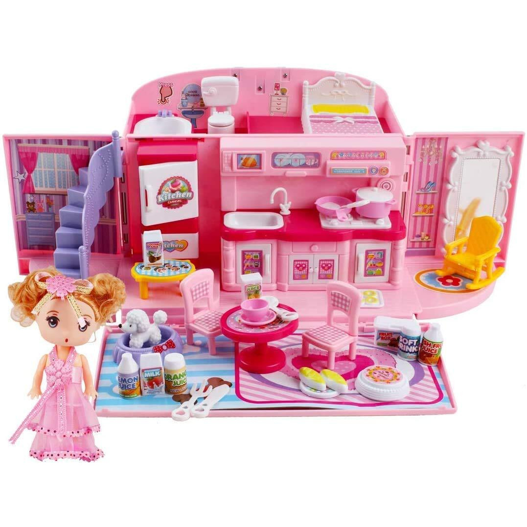 Deao Doll Houses Portable Backpack For Girls With Doll Toy House With Light And Music Baby Dollhouse Furniture For 3 To 8 Years Olds Toddler Kids