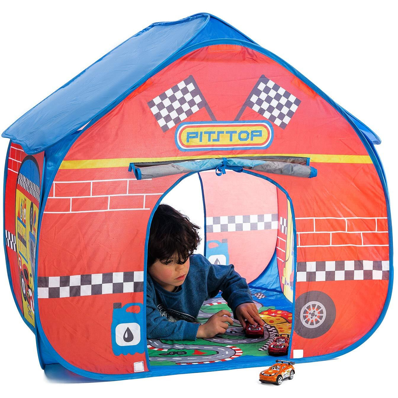 Pop It Up Pit Stop Tent With Race Mat Playhouse Fun2Give, Front & Back Doors, Spacious Interior, Pretend Play, Toddlers & Kids Ages 3+