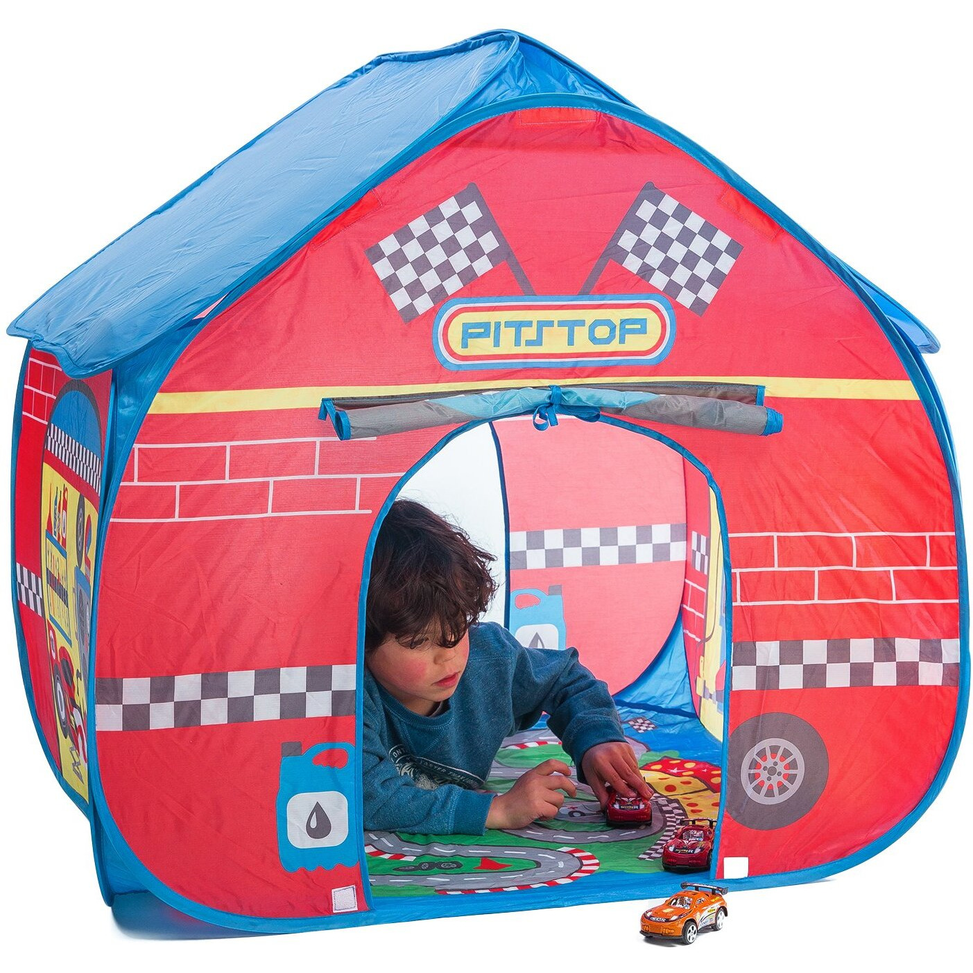 Pop It Up Pit Stop Tent With Race Mat Playhouse Fun2Give, Front & Back Doors, Spacious Interior, Pretend Play, Toddlers & Kids Ages 3+