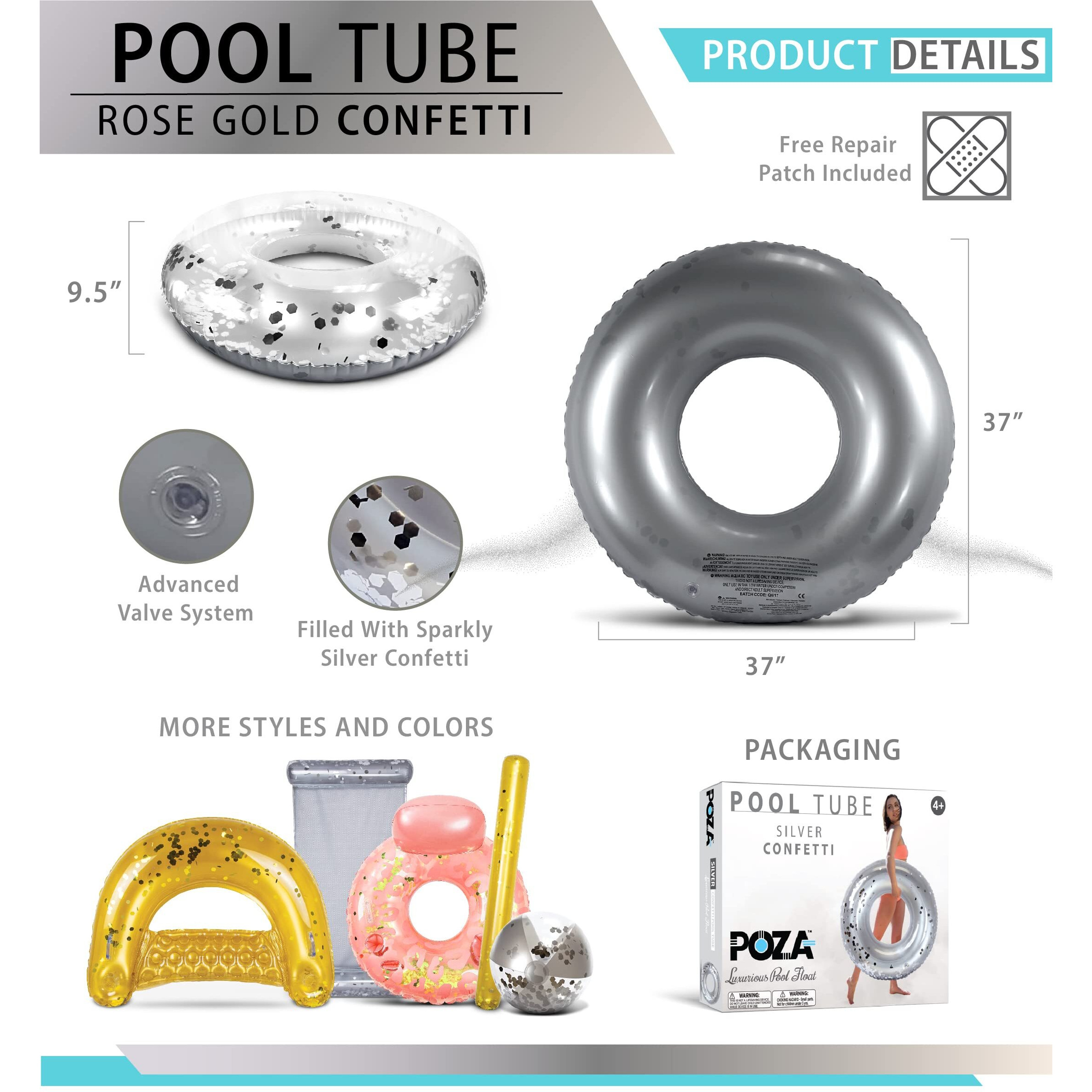 Poza Inflatable Pool Float Tube- Confetti Premium Uv Resistant Swim Ring Pool Float, Kids And Adult Pool Toys, Heavy Duty Inflatable Pool Floats For Swimming Pool Party, Beach, River - 36 Inch, Silver