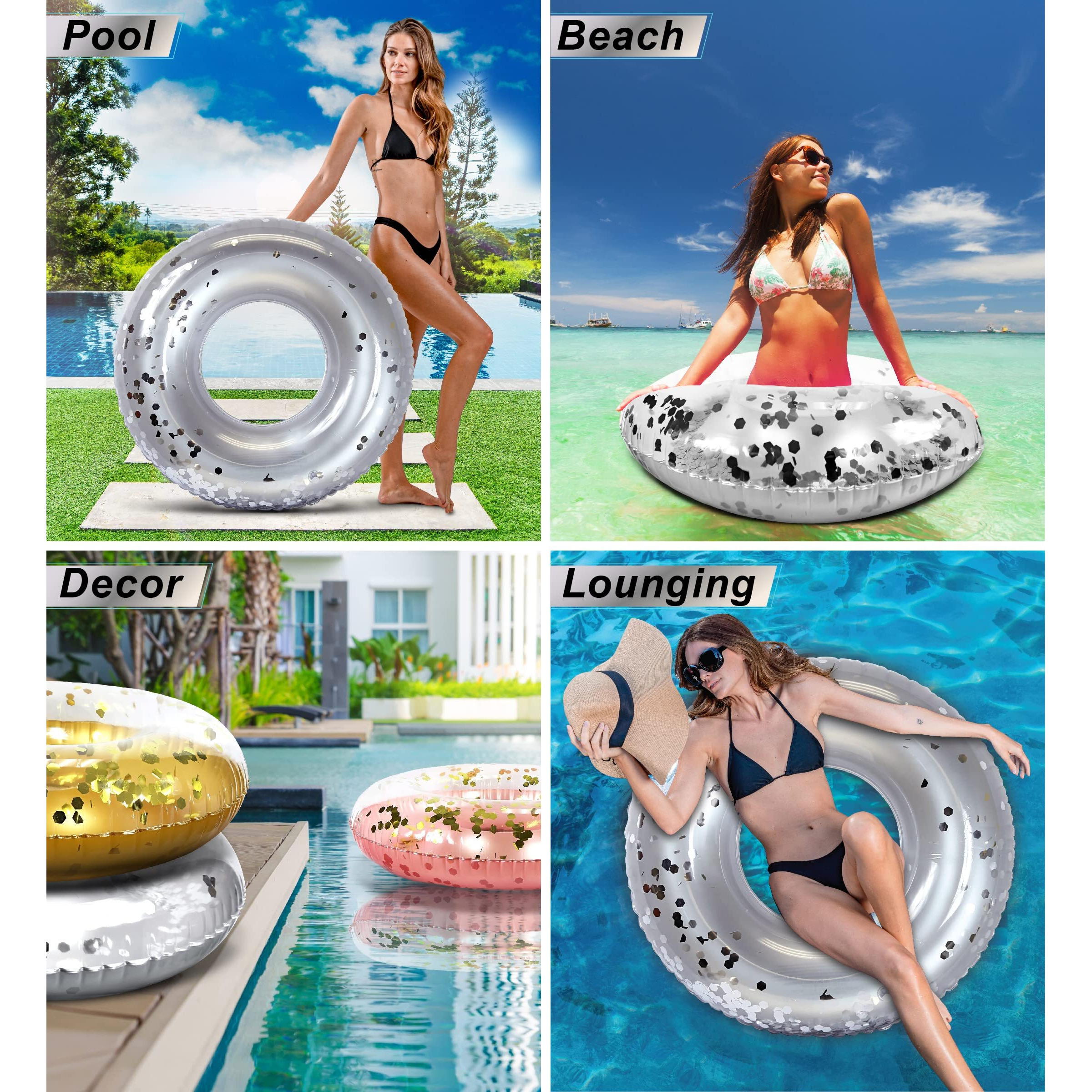 Poza Inflatable Pool Float Tube- Confetti Premium Uv Resistant Swim Ring Pool Float, Kids And Adult Pool Toys, Heavy Duty Inflatable Pool Floats For Swimming Pool Party, Beach, River - 36 Inch, Silver