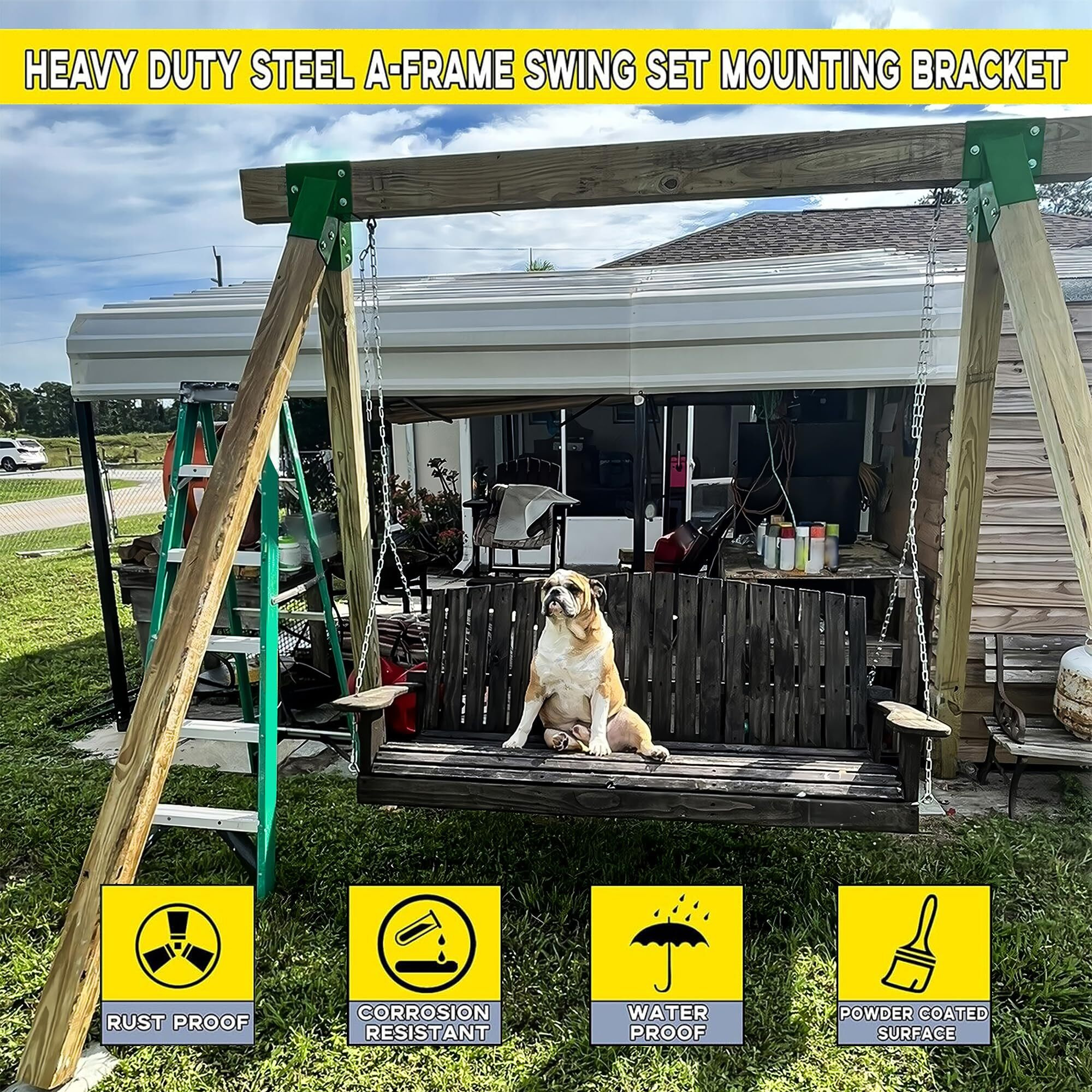 Ecotric 2 Pcs A-Frame Swing Set Bracket Heavy Duty Steel Green W/Mounting Hardware (2 Brackets) For 2 (4"" X 4"") Legs & 1 (4"" X 6"") Beam