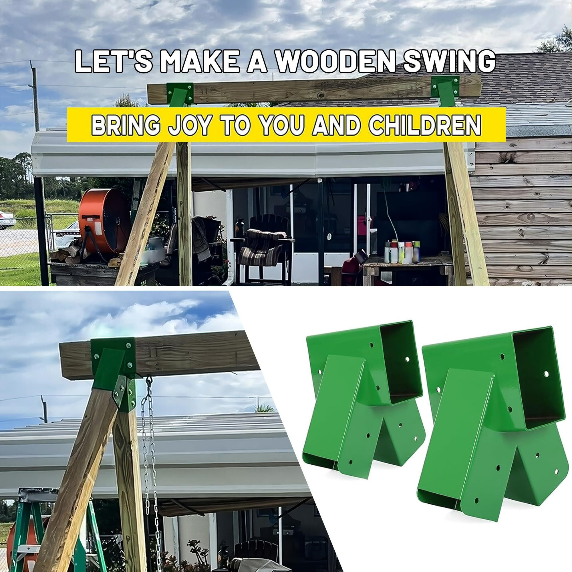 Ecotric 2 Pcs A-Frame Swing Set Bracket Heavy Duty Steel Green W/Mounting Hardware (2 Brackets) For 2 (4"" X 4"") Legs & 1 (4"" X 6"") Beam
