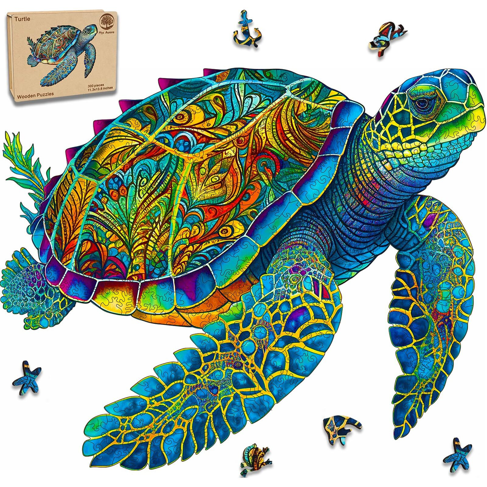 Mys Aurora Wooden Puzzles, Sea Turtle Jigsaw Puzzles 500 Pieces, Unique Shaped Wooden Puzzle For Adults And Kids, Family Game 16.9 X 20.7 Inch