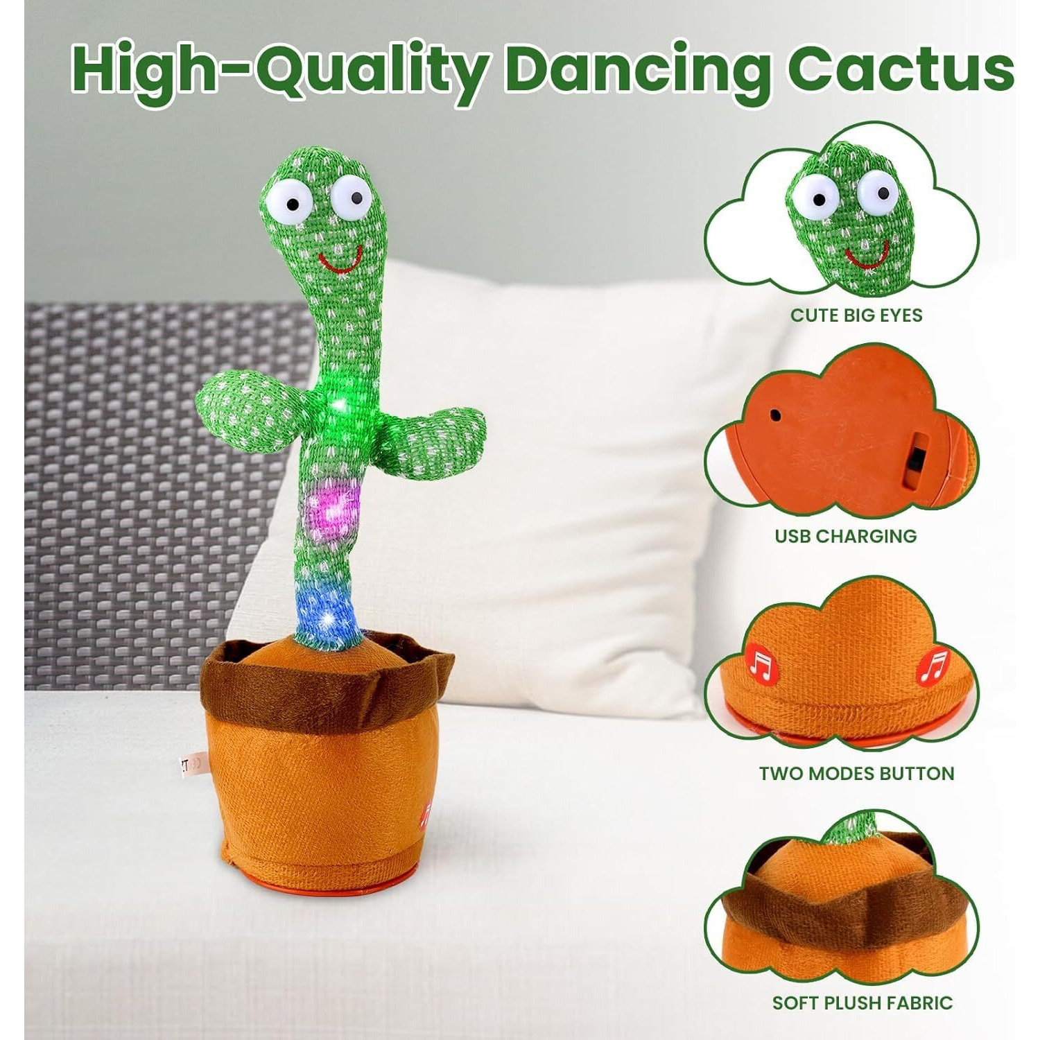 Doohickey Dancing Cactus, Interactive Toy, Talking Cactus Repeat What You Say, Led Lights, Cactus Toy 60 Unique Popular Songs For Kids, Dance, Record, And Sing, Rechargable Usb Cord Included