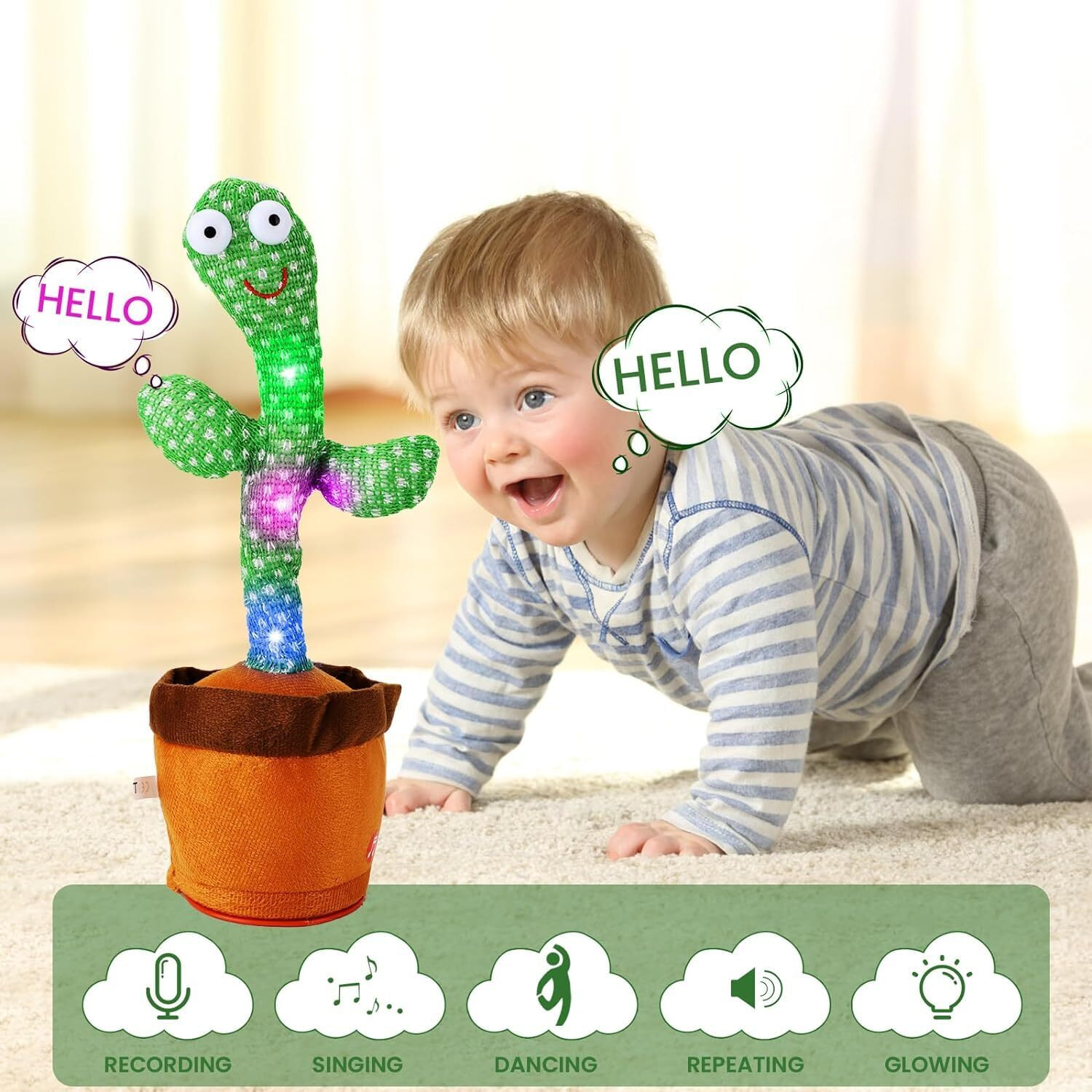 Doohickey Dancing Cactus, Interactive Toy, Talking Cactus Repeat What You Say, Led Lights, Cactus Toy 60 Unique Popular Songs For Kids, Dance, Record, And Sing, Rechargable Usb Cord Included