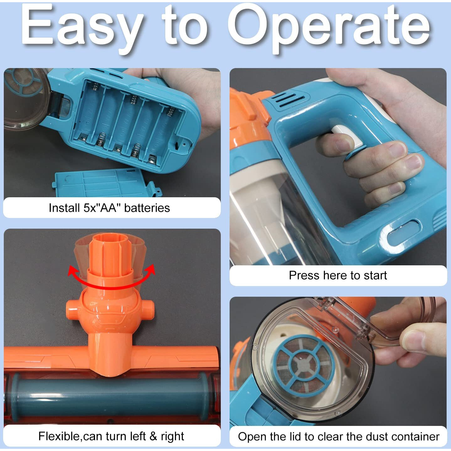 Baymi 3-In-1 Kids Vacuum That Really Works, Toddler Toy Vacuum Cleaning Set For Children Aged 3+, Fun Kids Working Toy Vacuum Cleaner With Working Suction For Realistic Play (630Blue)