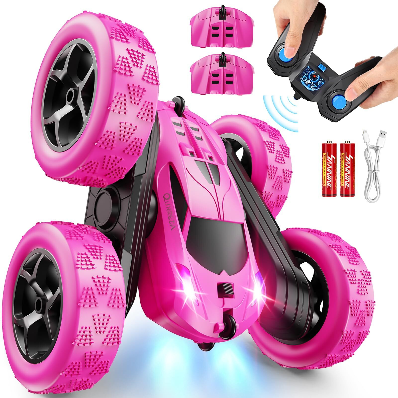 Qunreda Rc Cars, Rose Remote Control Car For Girls, 2.4 Ghz Double Sided Rc Stunt Car 360 Rotating Remote Control Crawler With Headlights Car Toys For 6 7 8 9 10 11 12 Girls Birthday