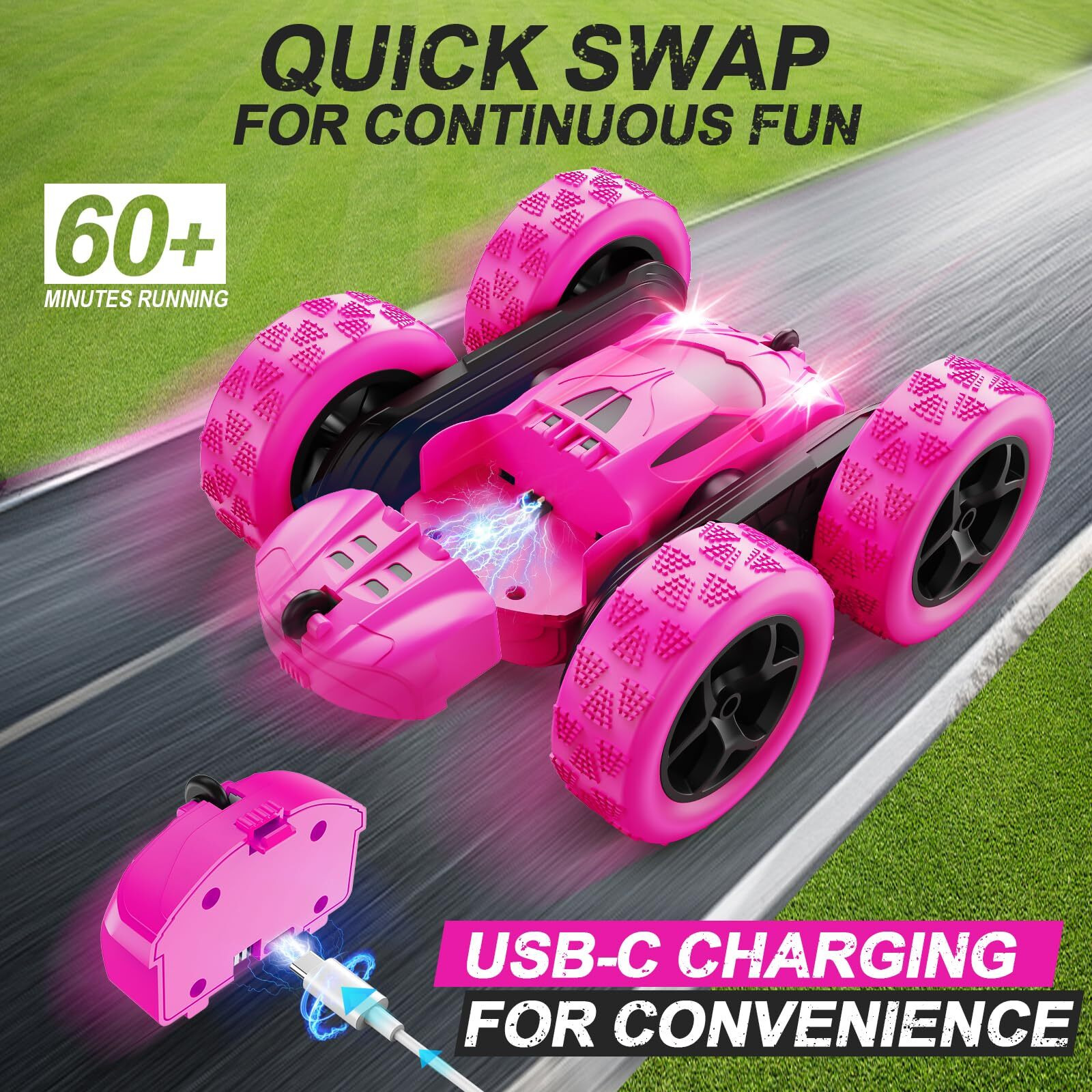 Qunreda Rc Cars, Rose Remote Control Car For Girls, 2.4 Ghz Double Sided Rc Stunt Car 360 Rotating Remote Control Crawler With Headlights Car Toys For 6 7 8 9 10 11 12 Girls Birthday