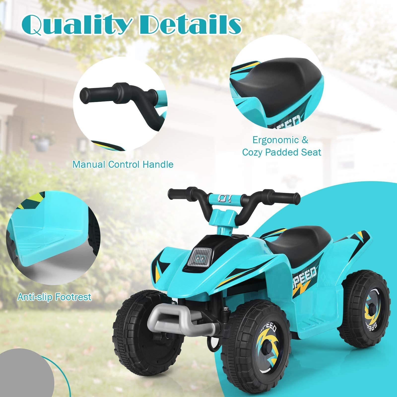 Olakids Kids Ride On Atv, 6V Motorized Quad Toy Car For Toddlers, 4 Wheeler Battery Powered Electric Vehicle For Boys Girls With Forward/Reverse Switch, Anti-Slip Wheels (Aqua)