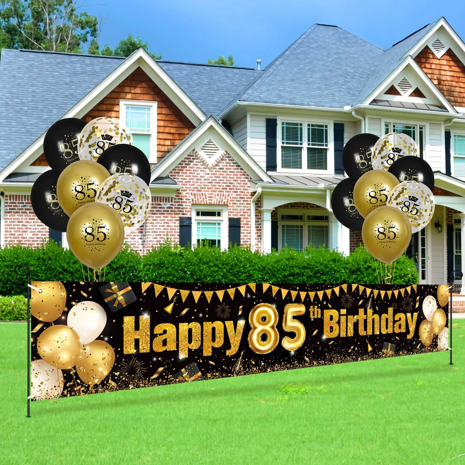 Black Gold 85Th Birthday Decorations For Men Women, Black And Gold Birthday Yard Banner Sign And 18 Pcs 85Th Happy Birthday Balloons For 85Th Anniversary Birthday Party Supplies Outdoor Yard Decor