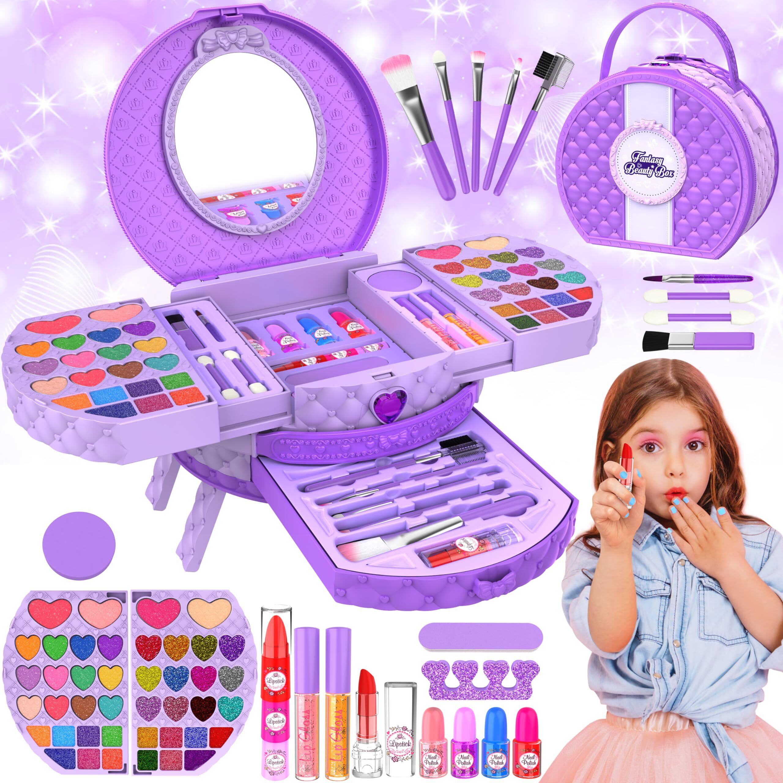 Kids Makeup Kit For Girl, 66 Pcs Washable Makeup Set For Little Girls, Real Cosmetic Set Pretend Play Makeup Toy Beauty Set Christmas & Birthday Gift Age 3 4 5 6 7 8 9+ Year Old Kids Toddler Toys