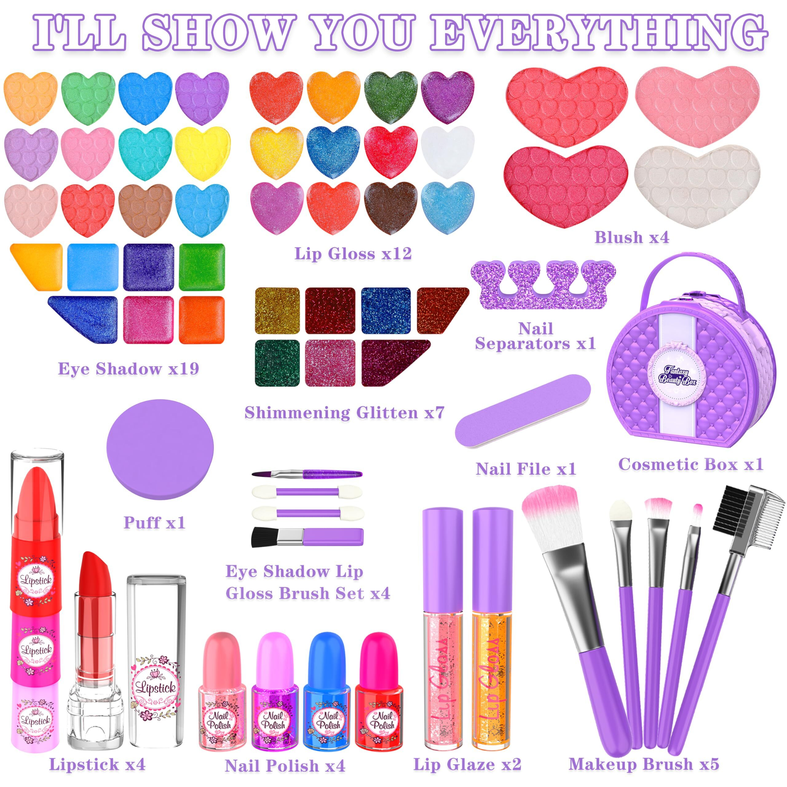 Kids Makeup Kit For Girl, 66 Pcs Washable Makeup Set For Little Girls, Real Cosmetic Set Pretend Play Makeup Toy Beauty Set Christmas & Birthday Gift Age 3 4 5 6 7 8 9+ Year Old Kids Toddler Toys