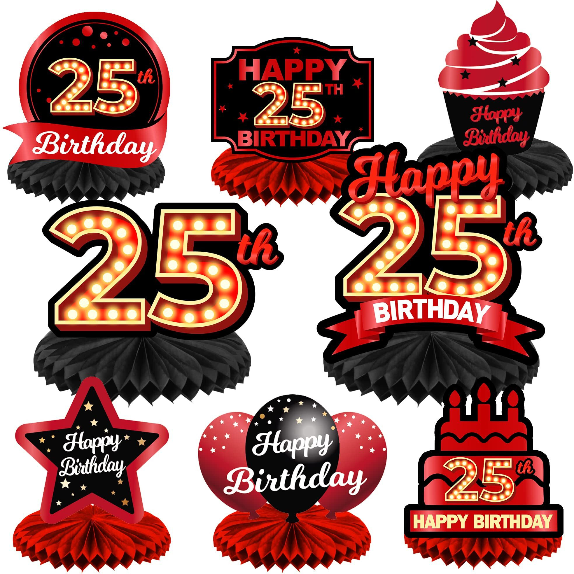 Happy 25Th Birthday Red And Black Table Honeycomb Centerpieces Balloons Theme Decor Table Decorations Table Toppers For Girls Women Princess 25 Years Old Birthday Party Bday Supplies Background Gold