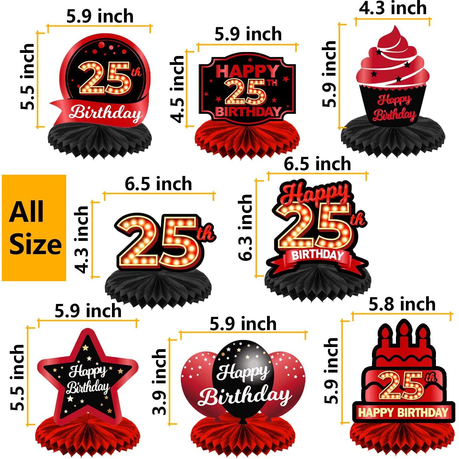 Happy 25Th Birthday Red And Black Table Honeycomb Centerpieces Balloons Theme Decor Table Decorations Table Toppers For Girls Women Princess 25 Years Old Birthday Party Bday Supplies Background Gold