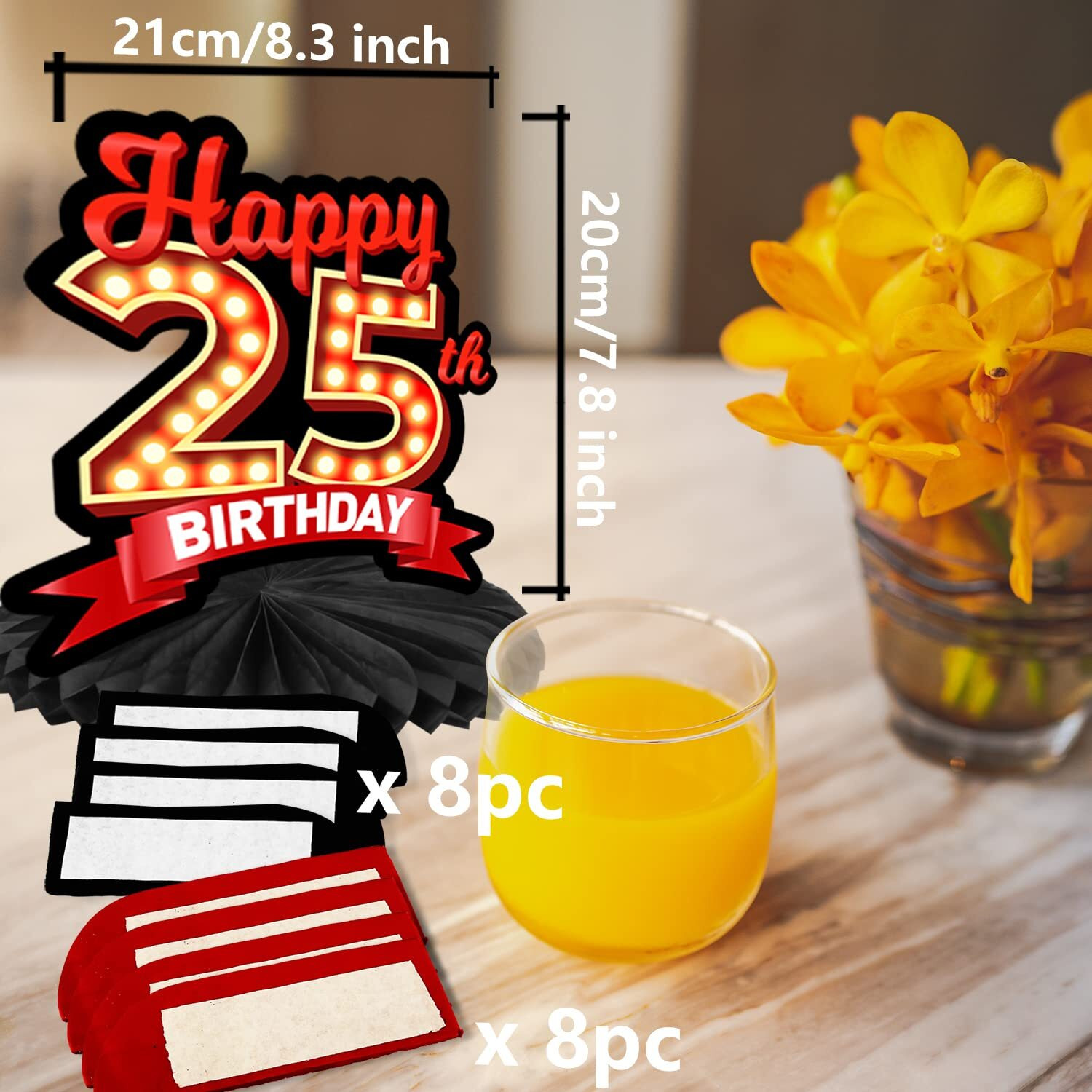 Happy 25Th Birthday Red And Black Table Honeycomb Centerpieces Balloons Theme Decor Table Decorations Table Toppers For Girls Women Princess 25 Years Old Birthday Party Bday Supplies Background Gold