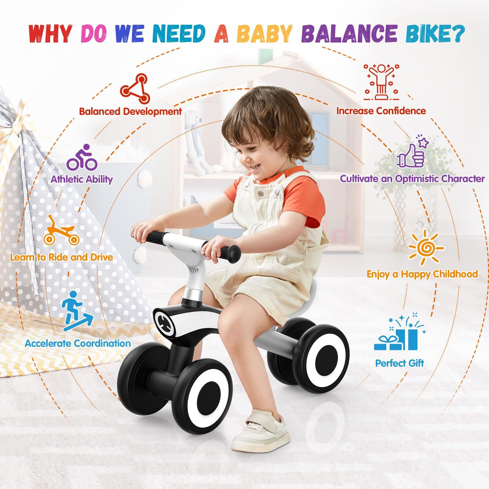Yoyuto Baby Balance Bike For 1 Year Old Boys Girls 12-36 Month Toddler, 4 Silence Wheels Soft Seat Pre-School First Riding Toys Toddler First Birthday Gifts (Black)