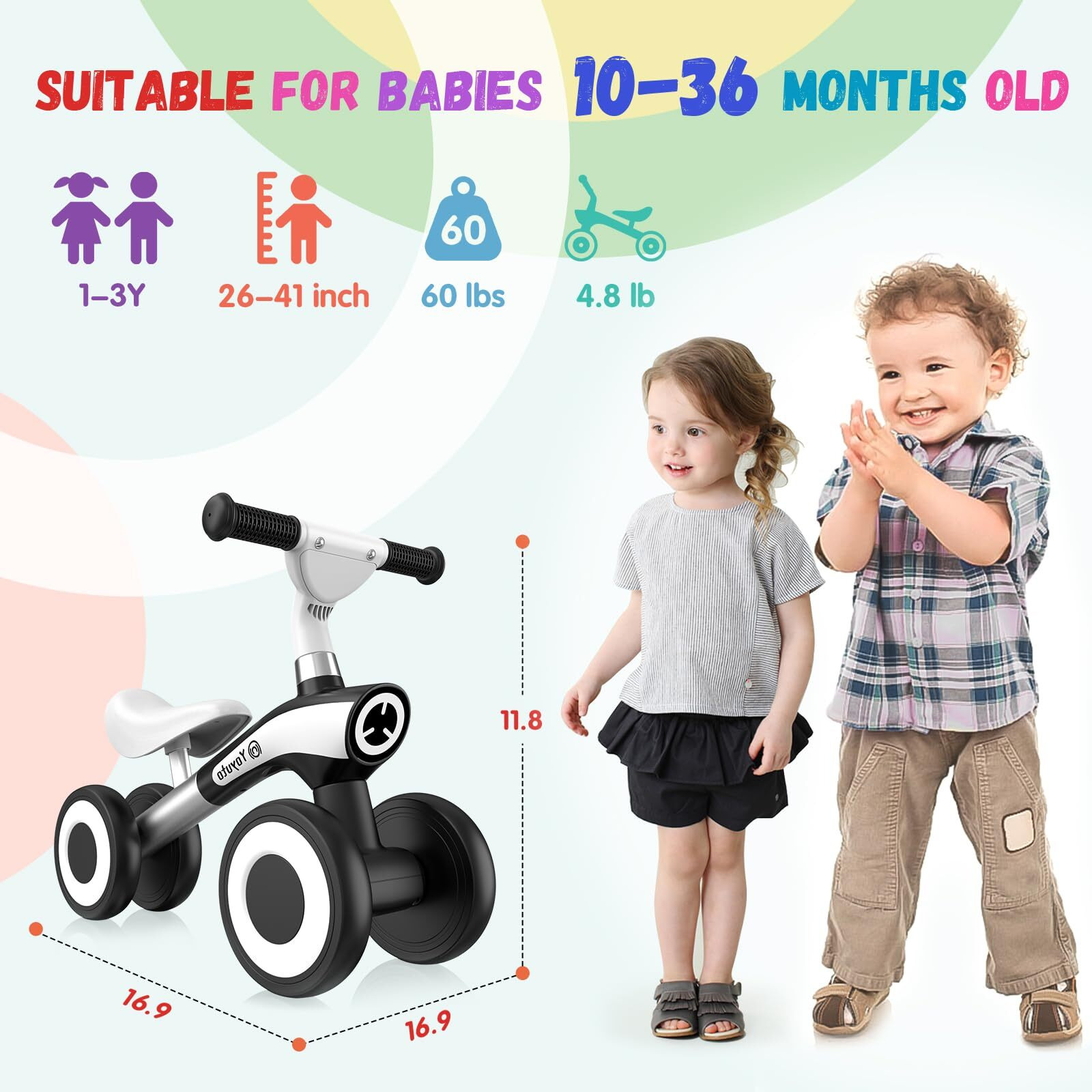 Yoyuto Baby Balance Bike For 1 Year Old Boys Girls 12-36 Month Toddler, 4 Silence Wheels Soft Seat Pre-School First Riding Toys Toddler First Birthday Gifts (Black)