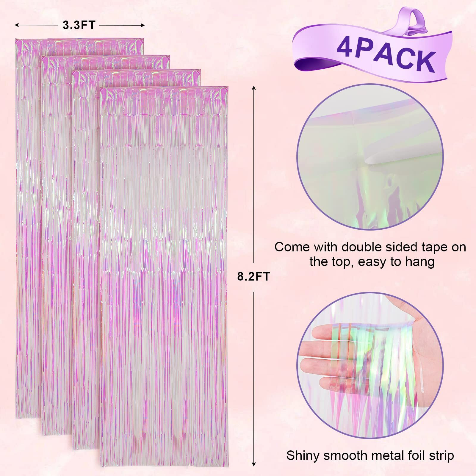 Voircoloria 4 Pack Iridescent Transparent Foil Fringe Backdrop Curtains, Tinsel Streamers Birthday Party Decorations, Fringe Backdrop For Graduation, Baby Shower, Gender Reveal, Disco Party