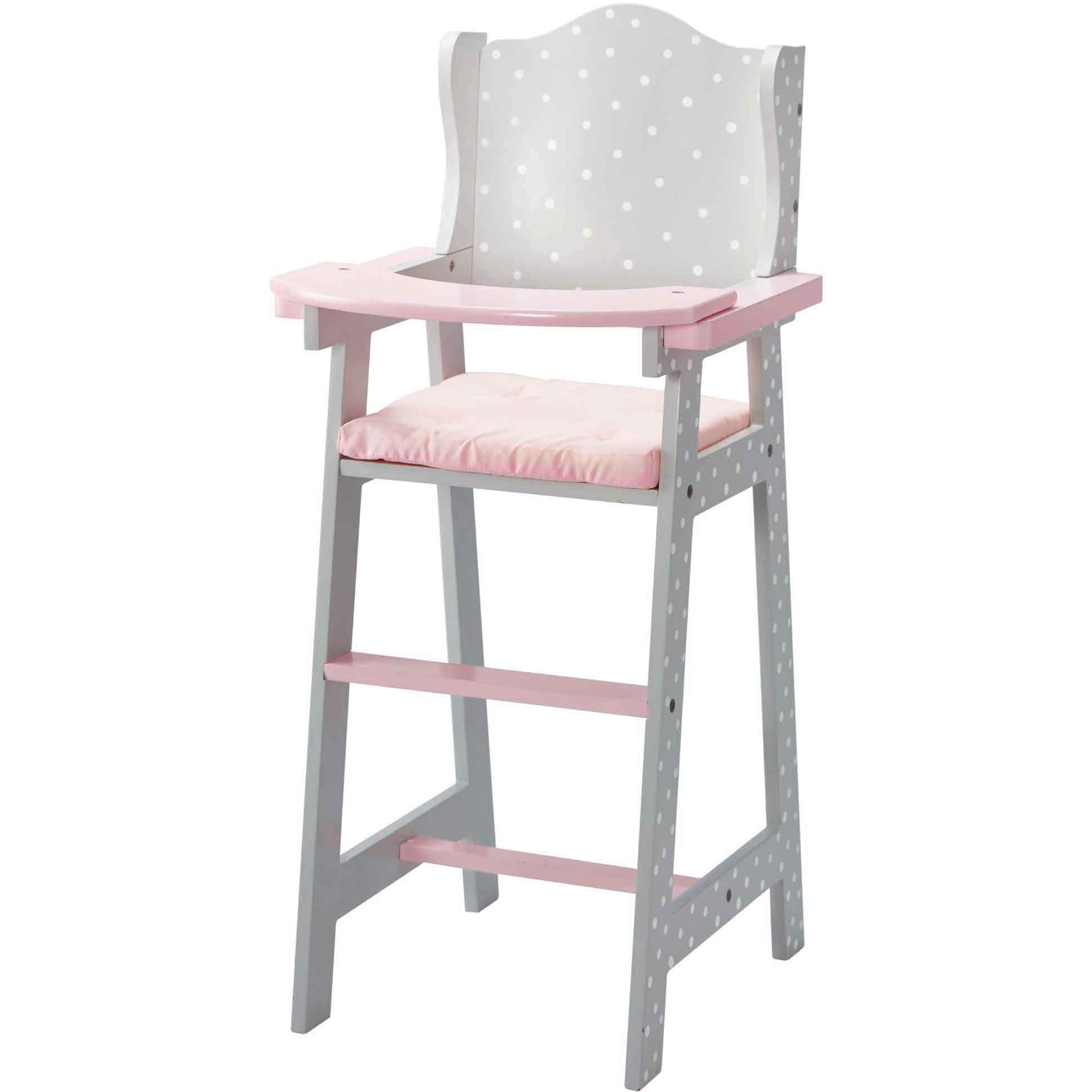 Olivia's Little World Doll High Chair For Baby Dolls, Wooden Doll Play Furniture With Pastel Polka Dot Princess Print & Fabric Seat For 16"" To 18"" Dolls, Gray/Pink