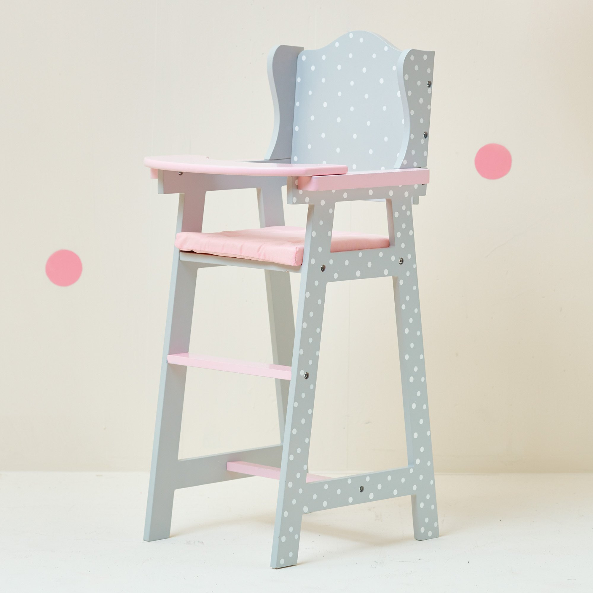 Olivia's Little World Doll High Chair For Baby Dolls, Wooden Doll Play Furniture With Pastel Polka Dot Princess Print & Fabric Seat For 16"" To 18"" Dolls, Gray/Pink
