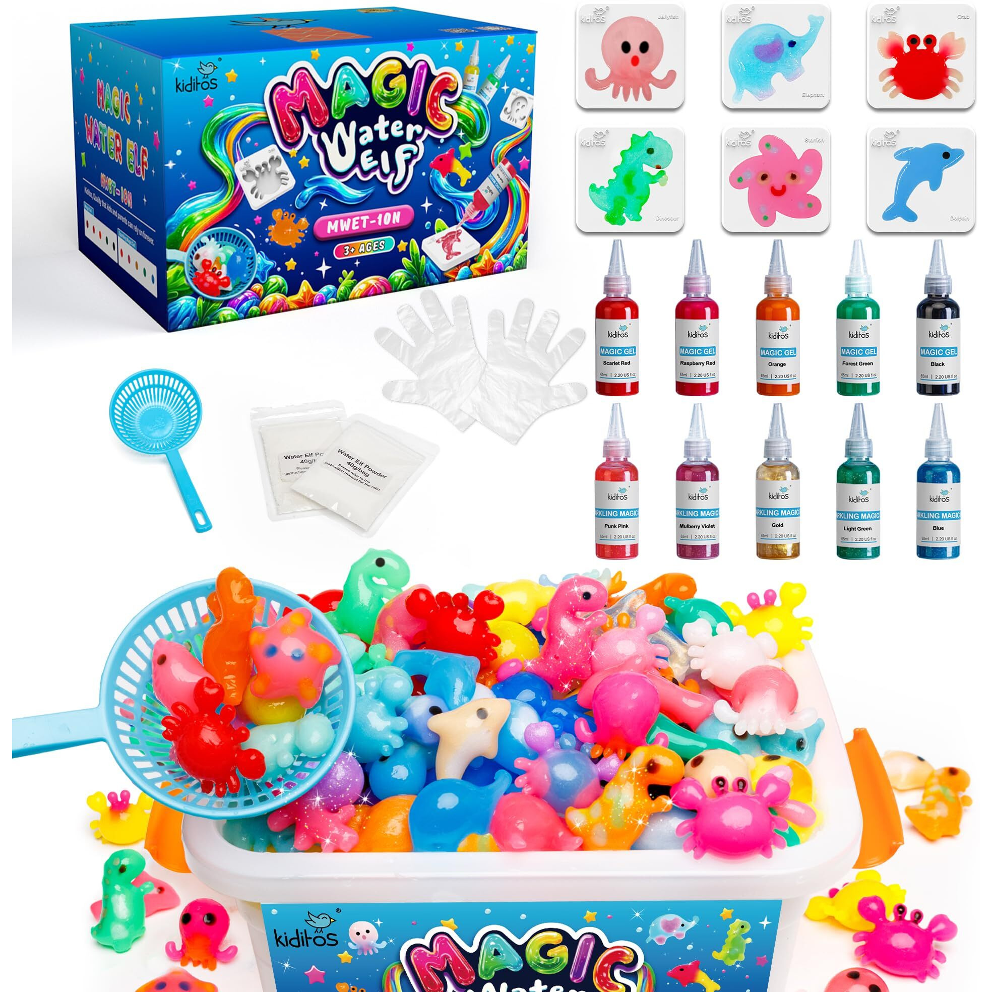 Kiditos Magic Water Elf Toy Kit, Aqua Fairy Water Gel Kit With 10 Magic Gels, 6 Sea Creature Molds. Christmas Gifts, Birthday Gifts, Party Favors, Arts & Crafts Diy Stem Kits For Kids (10 Colors)