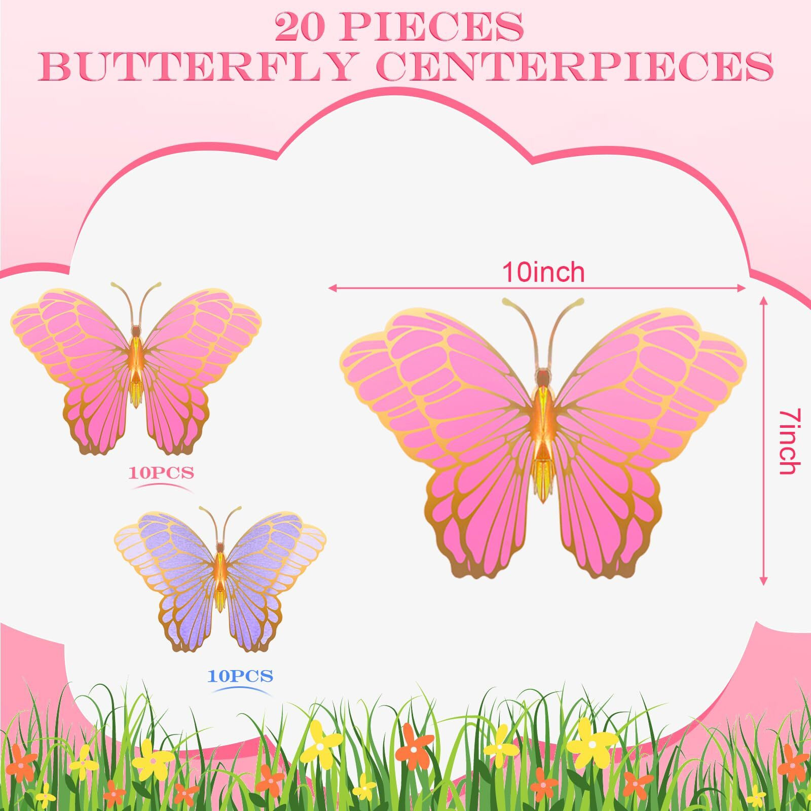 20 Pieces Butterfly Centerpieces For Tables Butterfly Party Decorations 3D Golden Butterfly Table Toppers Centerpiece For Girl Party Table Decors Birthday Baby Shower (10 X 7 In, Pink, Purple)
