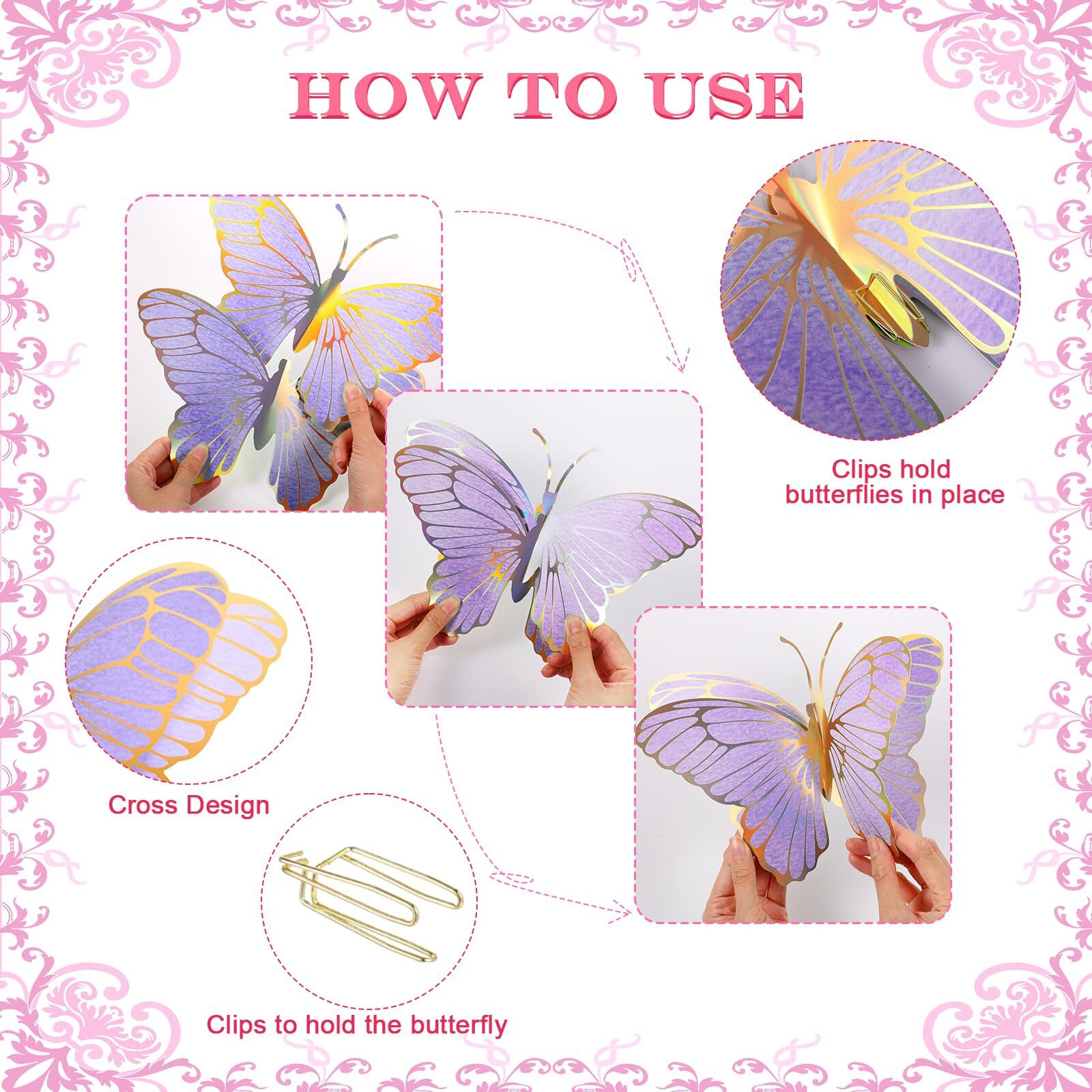 20 Pieces Butterfly Centerpieces For Tables Butterfly Party Decorations 3D Golden Butterfly Table Toppers Centerpiece For Girl Party Table Decors Birthday Baby Shower (10 X 7 In, Pink, Purple)